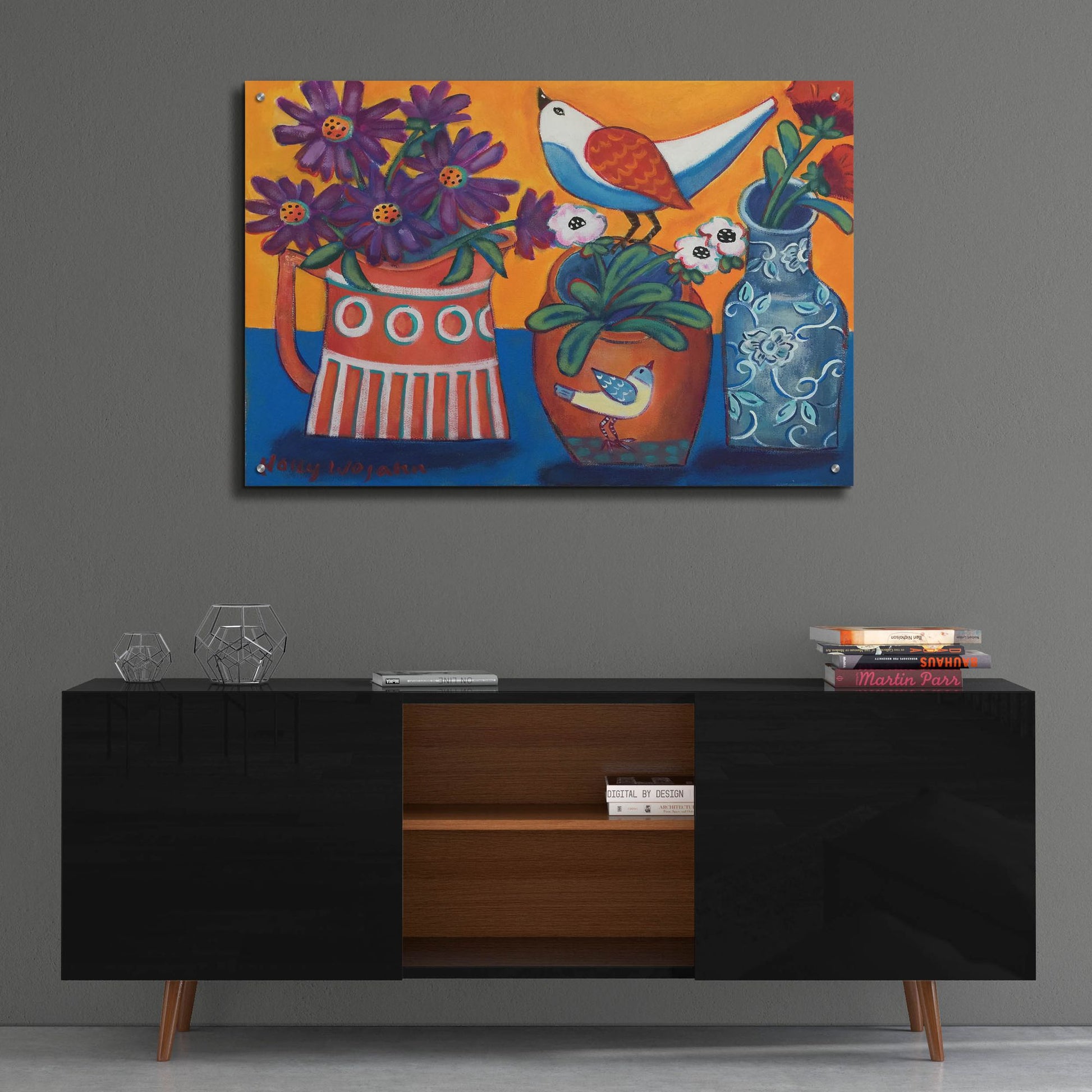 Epic Art 'Orange and Blue Vases' by Holly Wojhan, Acrylic Glass Wall Art,36x24