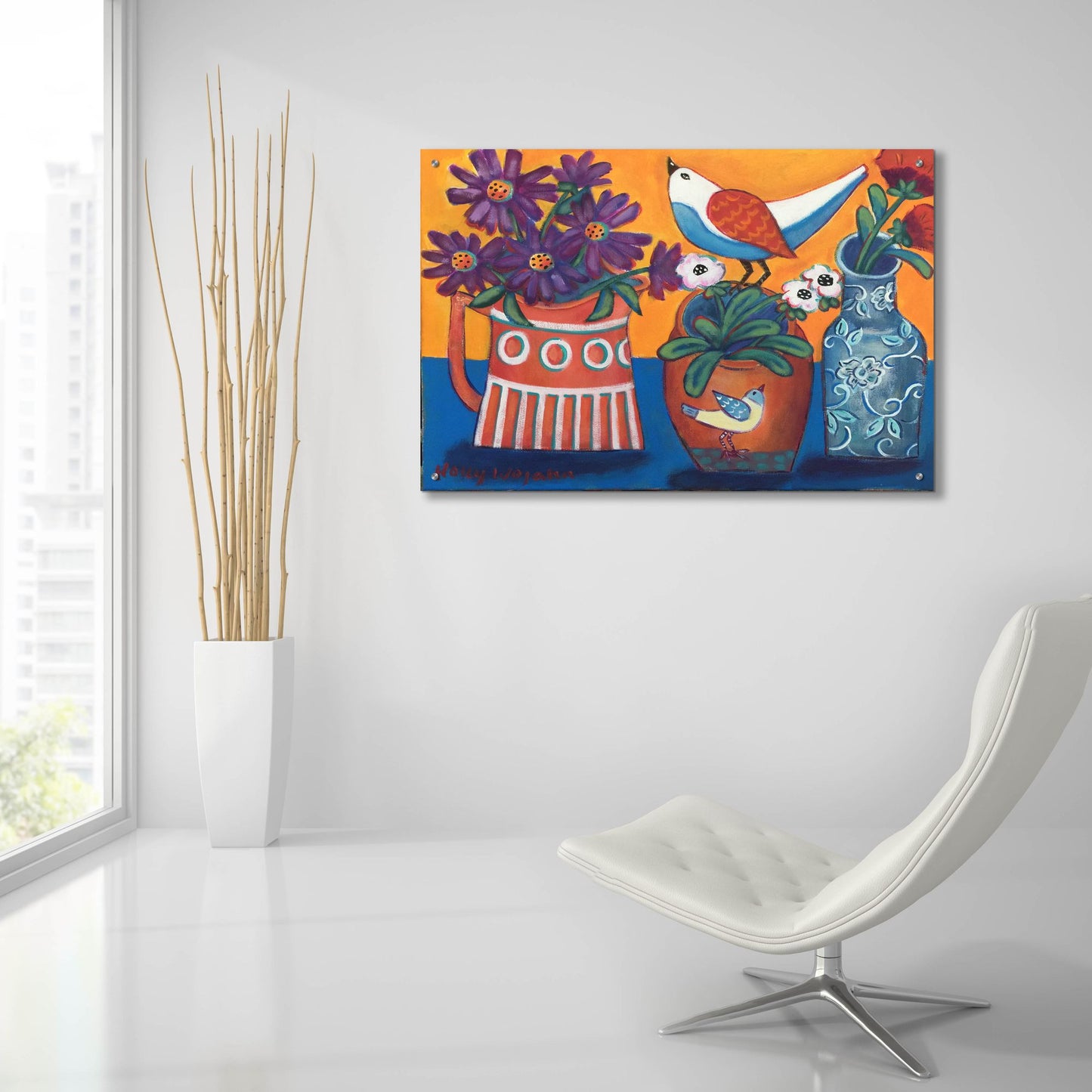 Epic Art 'Orange and Blue Vases' by Holly Wojhan, Acrylic Glass Wall Art,36x24