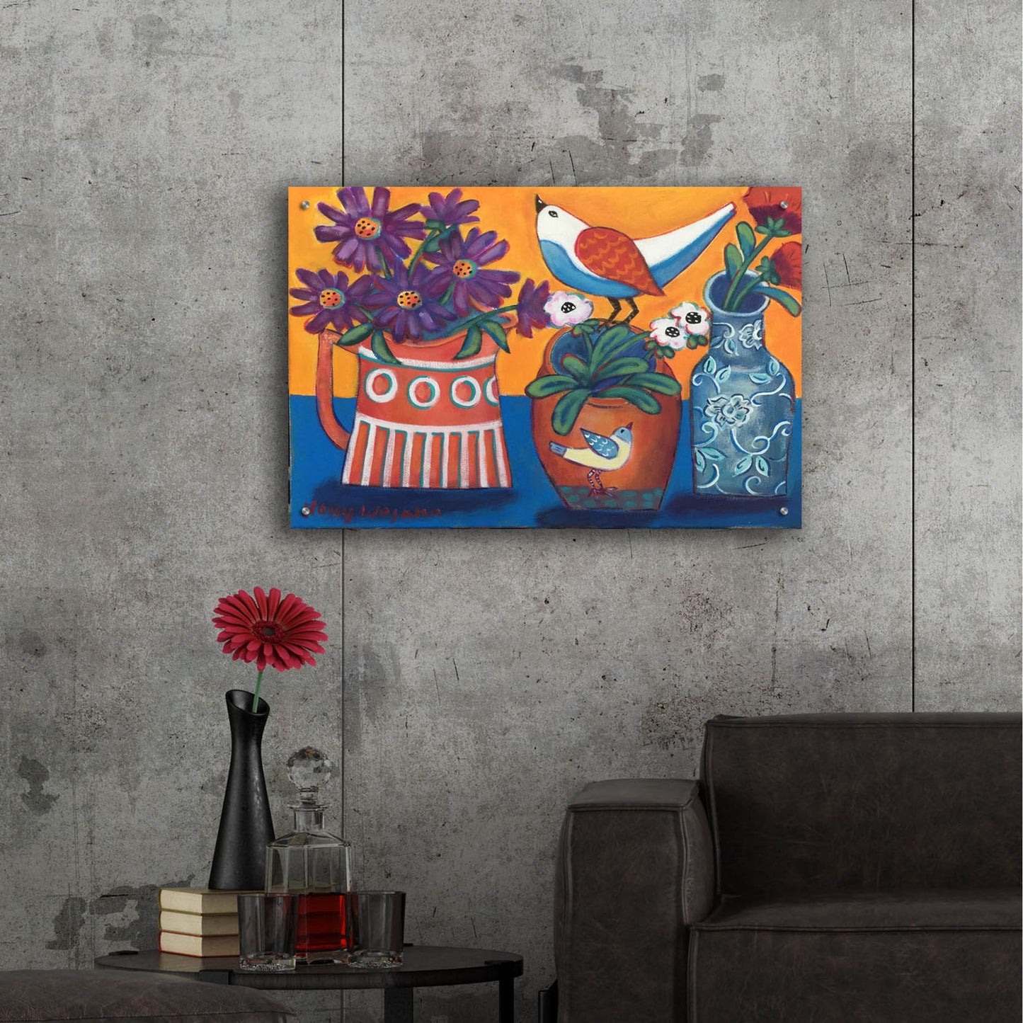 Epic Art 'Orange and Blue Vases' by Holly Wojhan, Acrylic Glass Wall Art,36x24