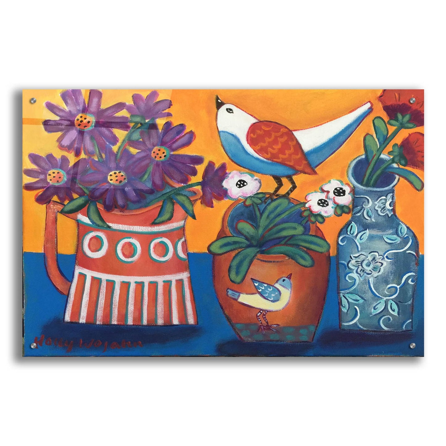 Epic Art 'Orange and Blue Vases' by Holly Wojhan, Acrylic Glass Wall Art,36x24