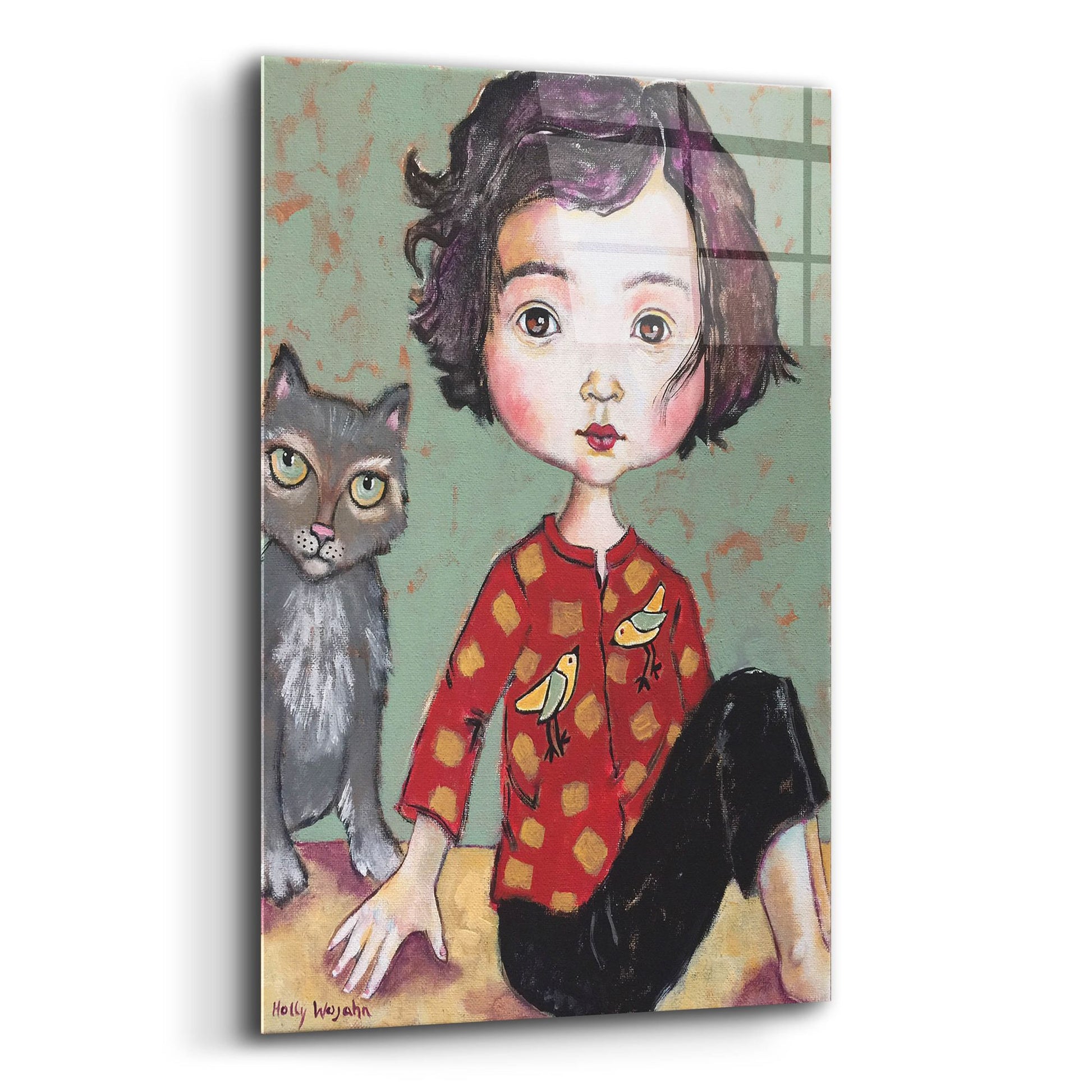 Epic Art 'Girl With Cat' by Holly Wojhan, Acrylic Glass Wall Art,12x16