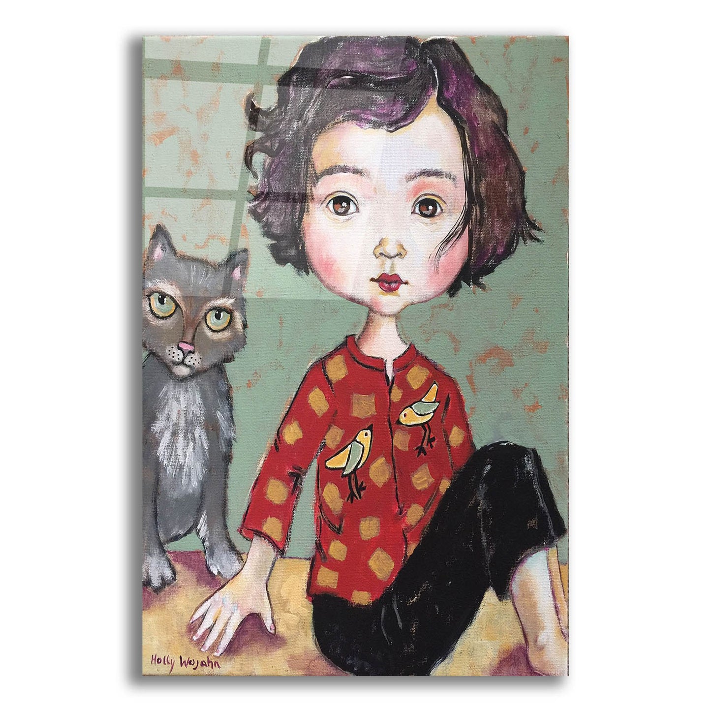 Epic Art 'Girl With Cat' by Holly Wojhan, Acrylic Glass Wall Art,12x16