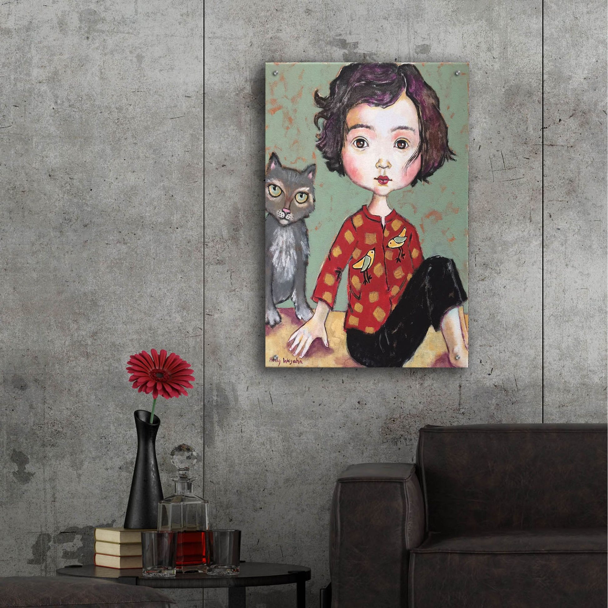 Epic Art 'Girl With Cat' by Holly Wojhan, Acrylic Glass Wall Art,24x36