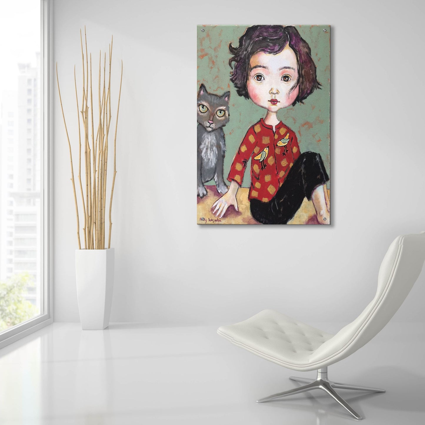 Epic Art 'Girl With Cat' by Holly Wojhan, Acrylic Glass Wall Art,24x36