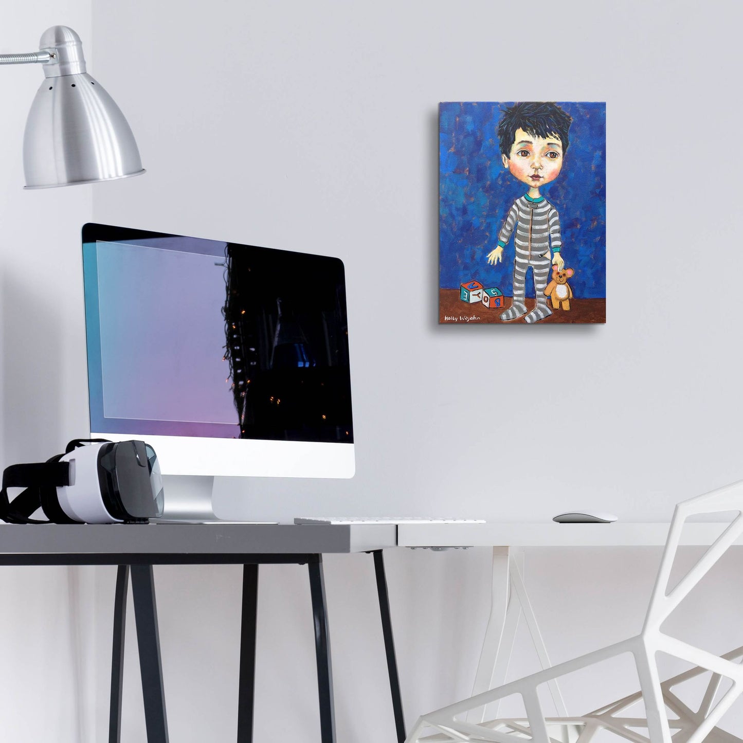 Epic Art 'Blue Pajama Boy' by Holly Wojhan, Acrylic Glass Wall Art,12x16