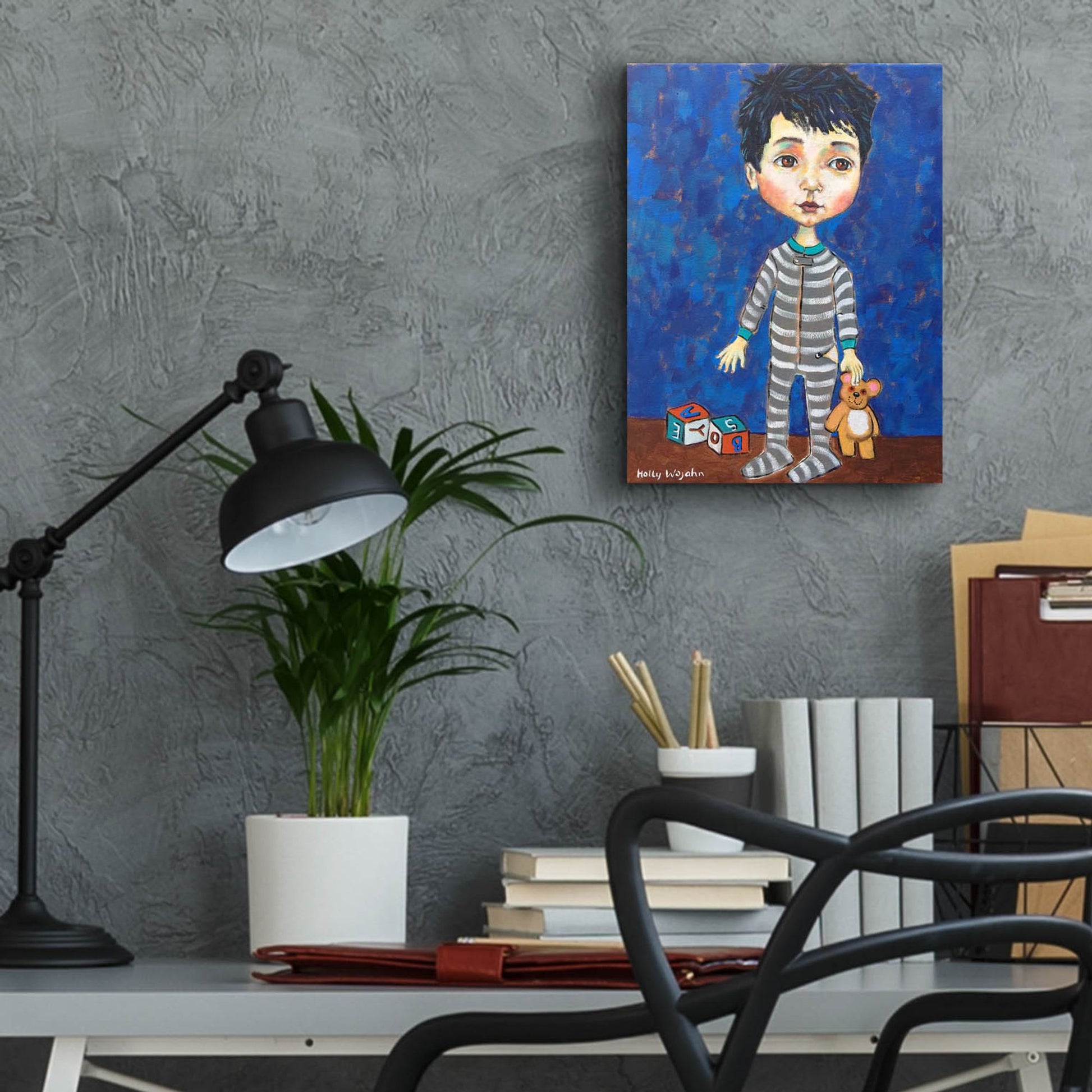 Epic Art 'Blue Pajama Boy' by Holly Wojhan, Acrylic Glass Wall Art,12x16