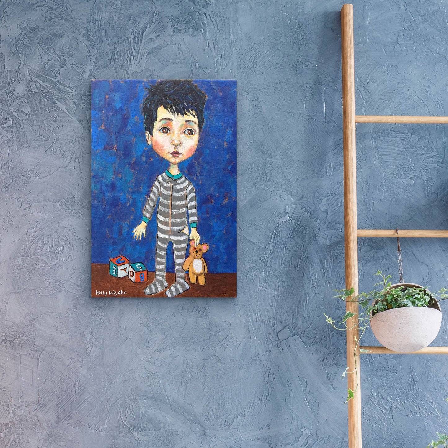 Epic Art 'Blue Pajama Boy' by Holly Wojhan, Acrylic Glass Wall Art,16x24