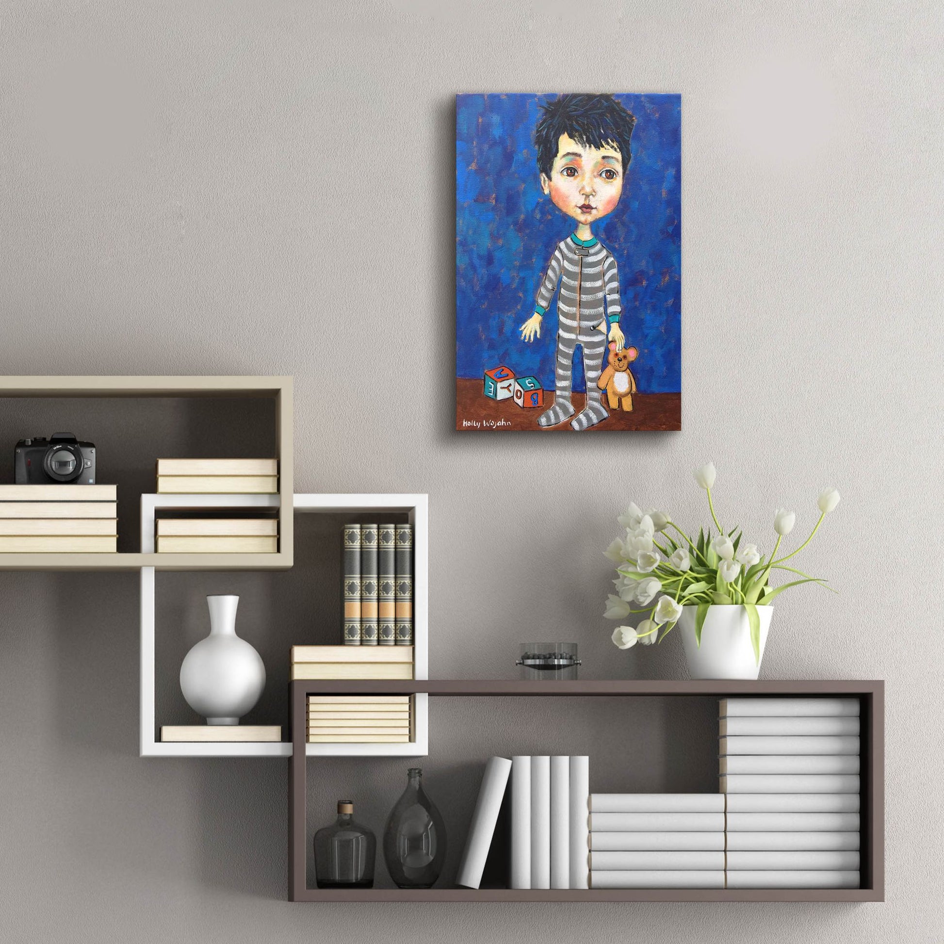 Epic Art 'Blue Pajama Boy' by Holly Wojhan, Acrylic Glass Wall Art,16x24