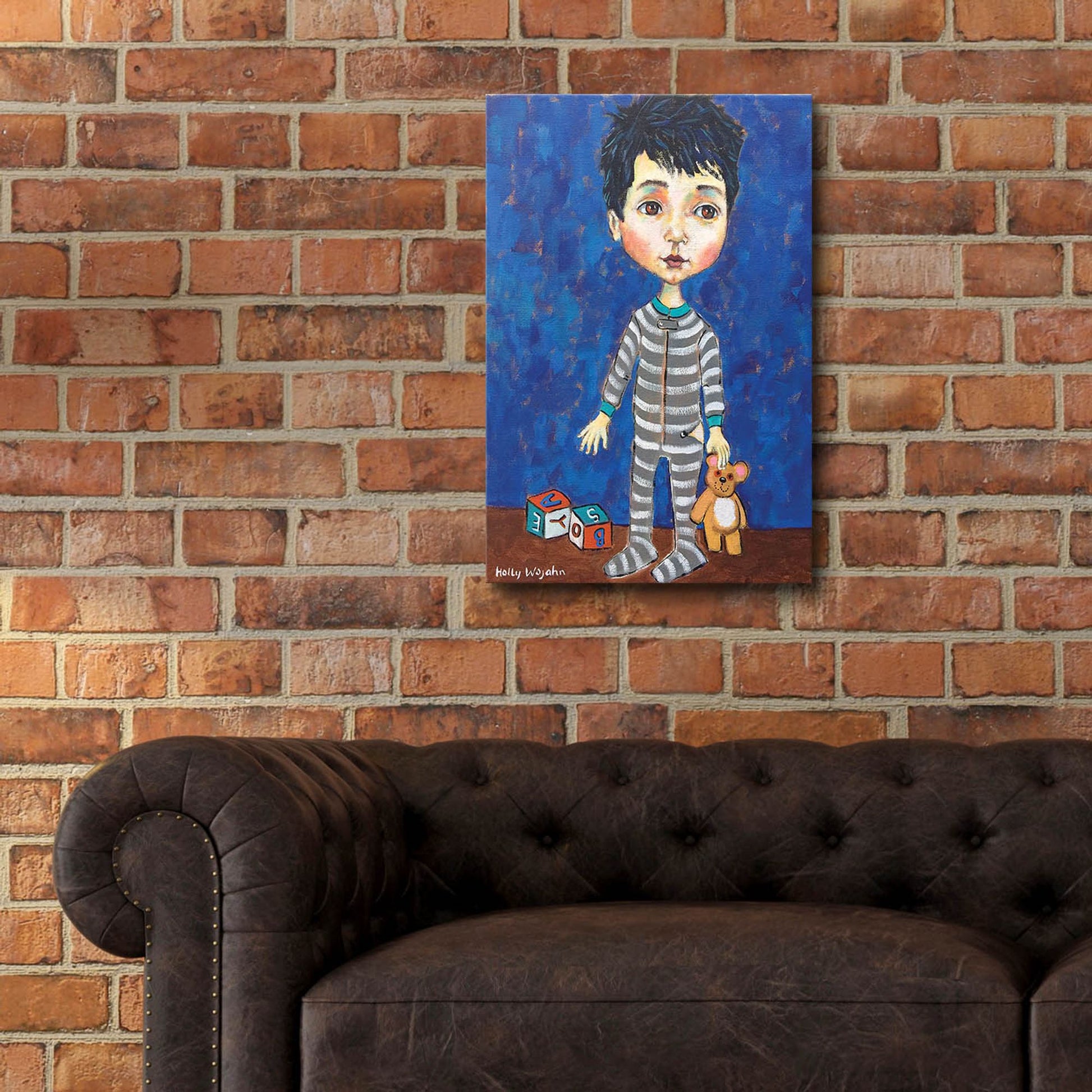 Epic Art 'Blue Pajama Boy' by Holly Wojhan, Acrylic Glass Wall Art,16x24