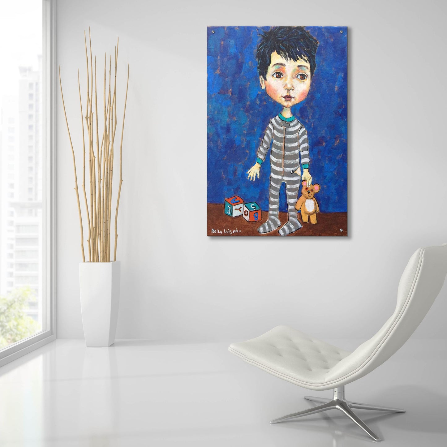 Epic Art 'Blue Pajama Boy' by Holly Wojhan, Acrylic Glass Wall Art,24x36