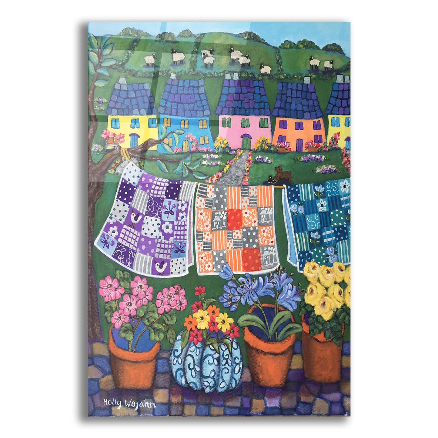 Epic Art 'Sheepish Hillsides with Cottages and quilts' by Holly Wojhan, Acrylic Glass Wall Art,12x16