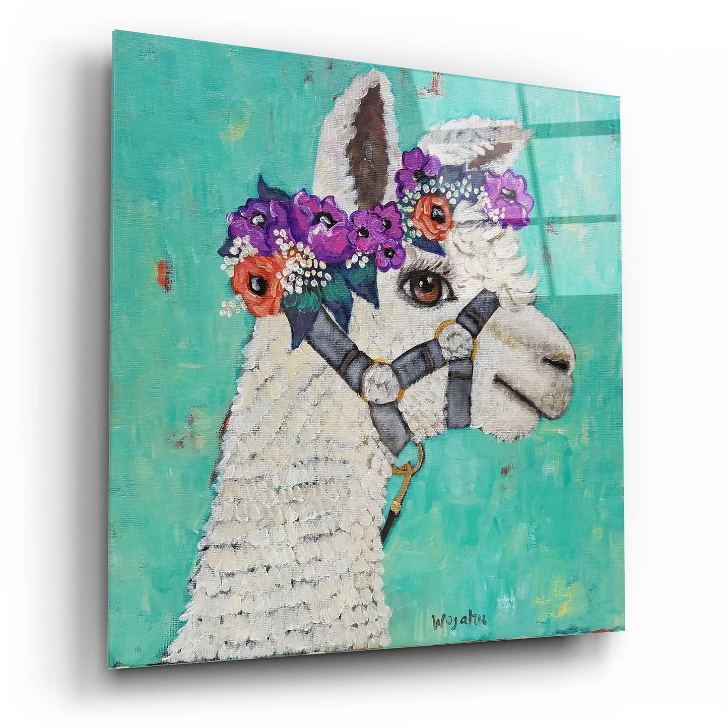 Epic Art 'Flower Headed Llama' by Holly Wojhan, Acrylic Glass Wall Art,12x12