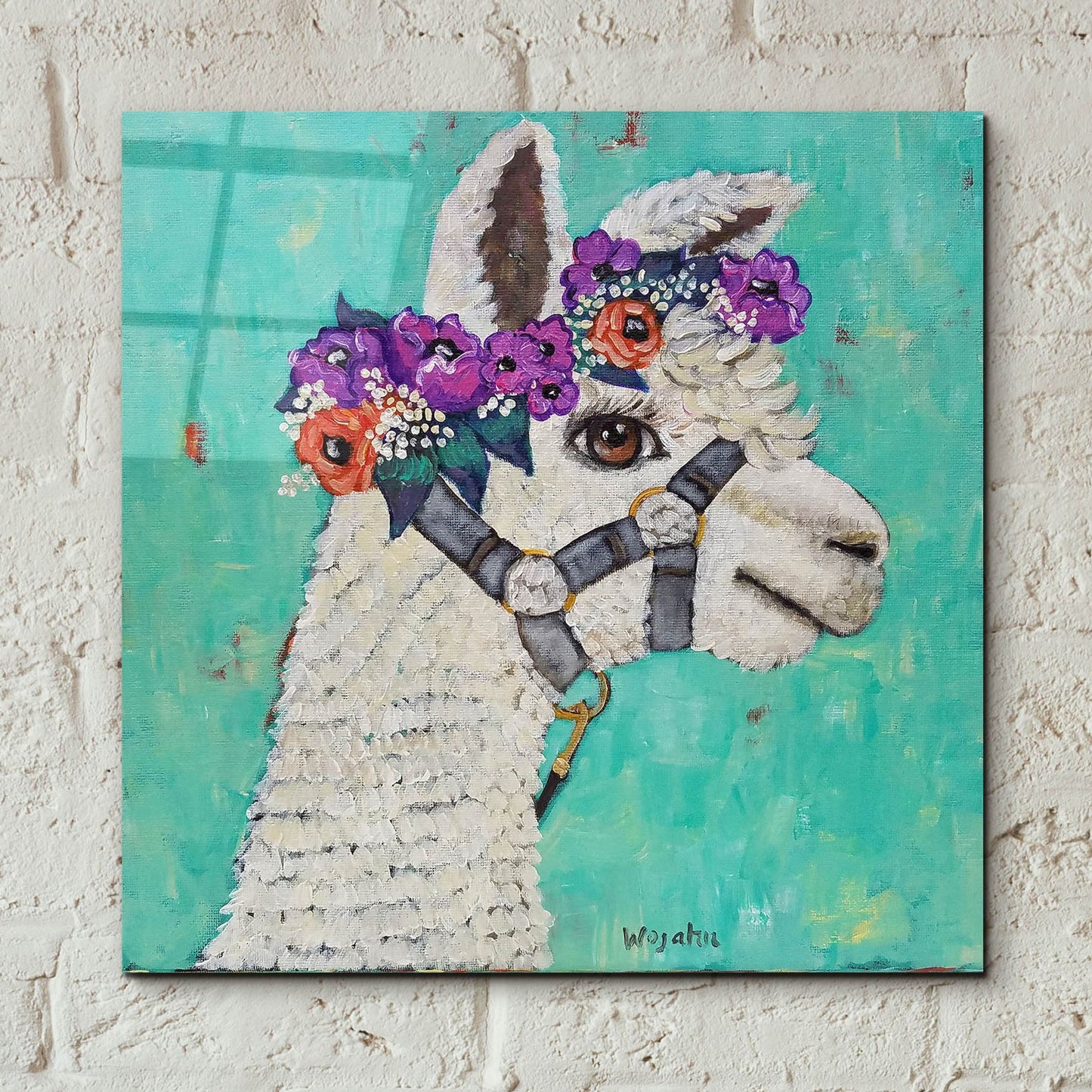 Epic Art 'Flower Headed Llama' by Holly Wojhan, Acrylic Glass Wall Art,12x12