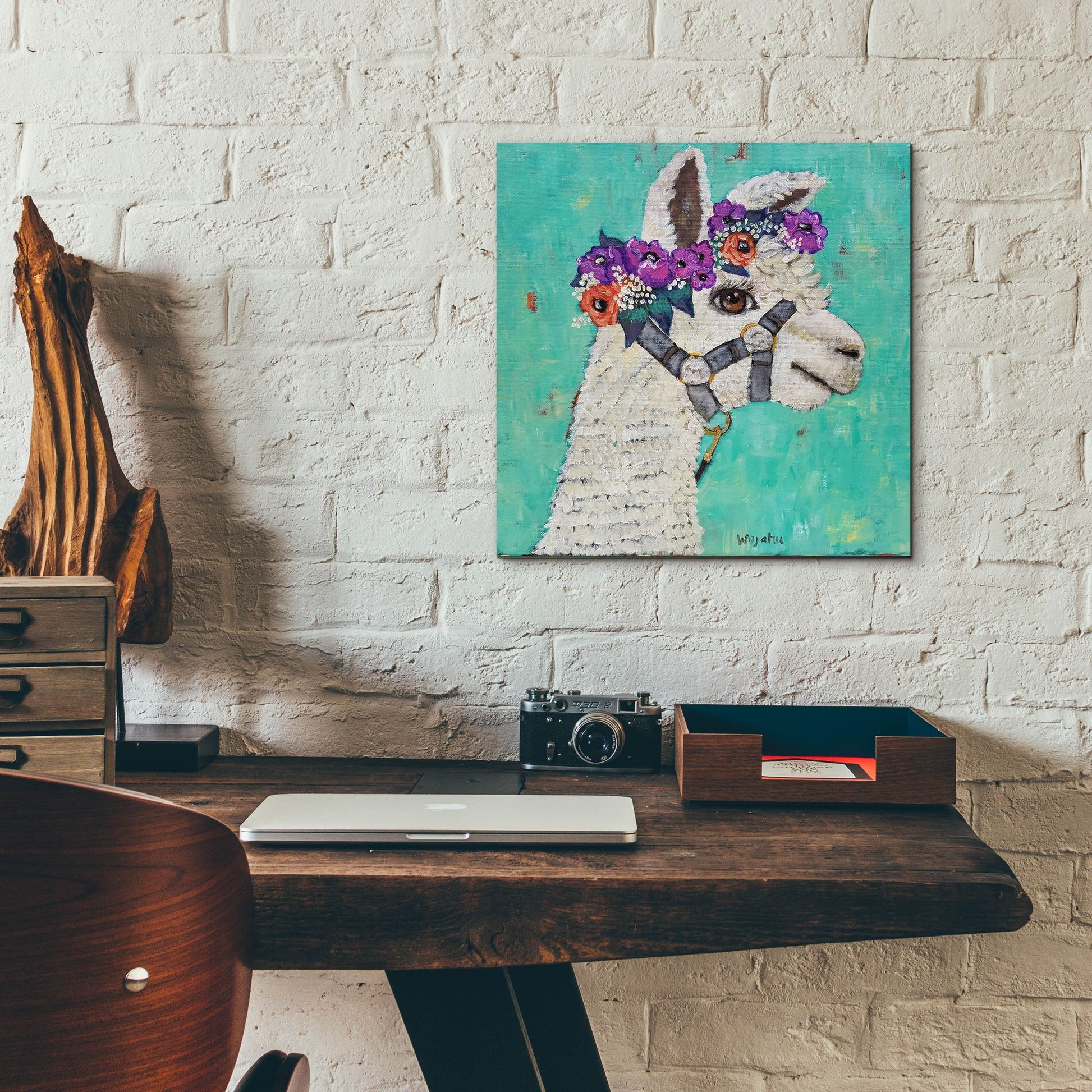 Epic Art 'Flower Headed Llama' by Holly Wojhan, Acrylic Glass Wall Art,12x12