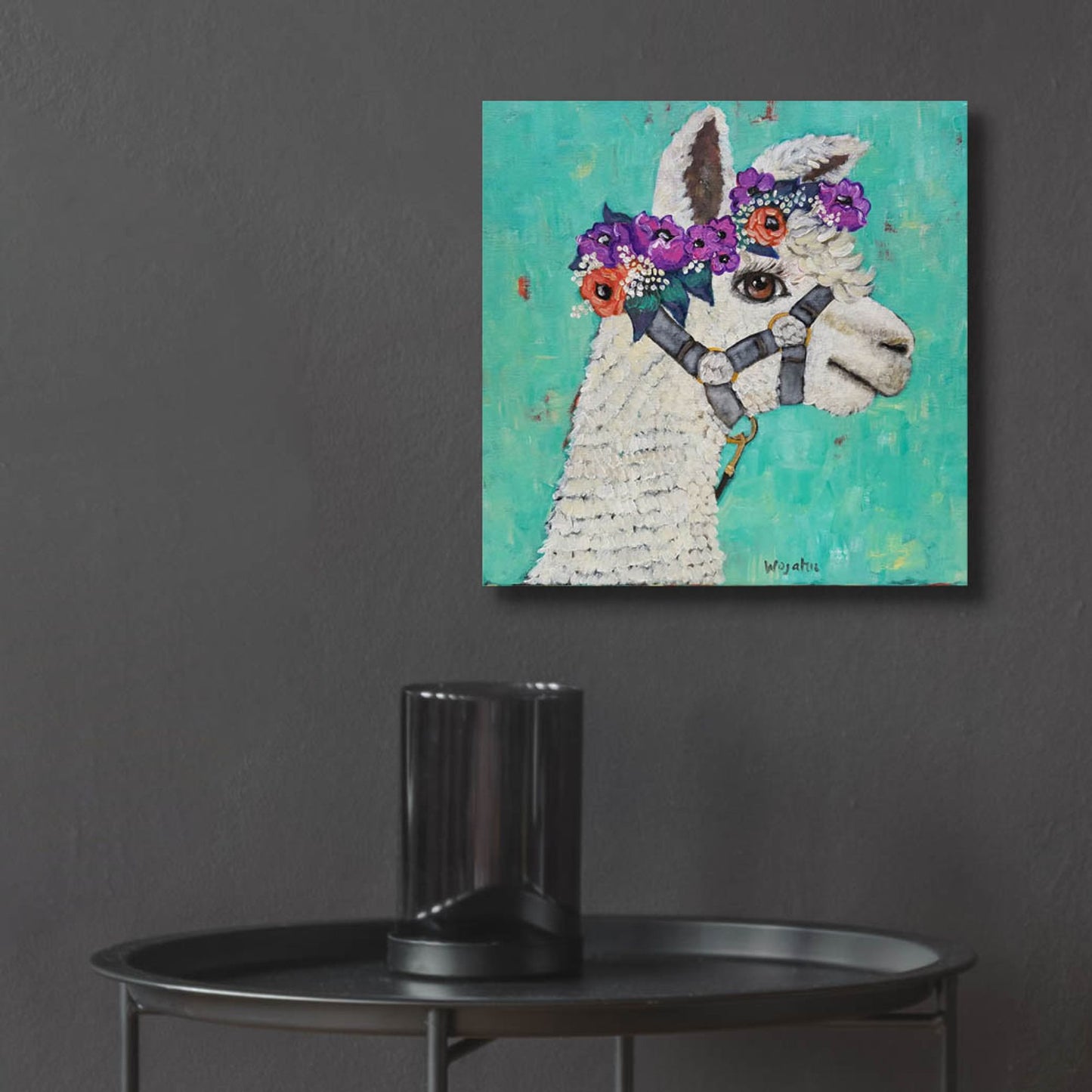 Epic Art 'Flower Headed Llama' by Holly Wojhan, Acrylic Glass Wall Art,12x12