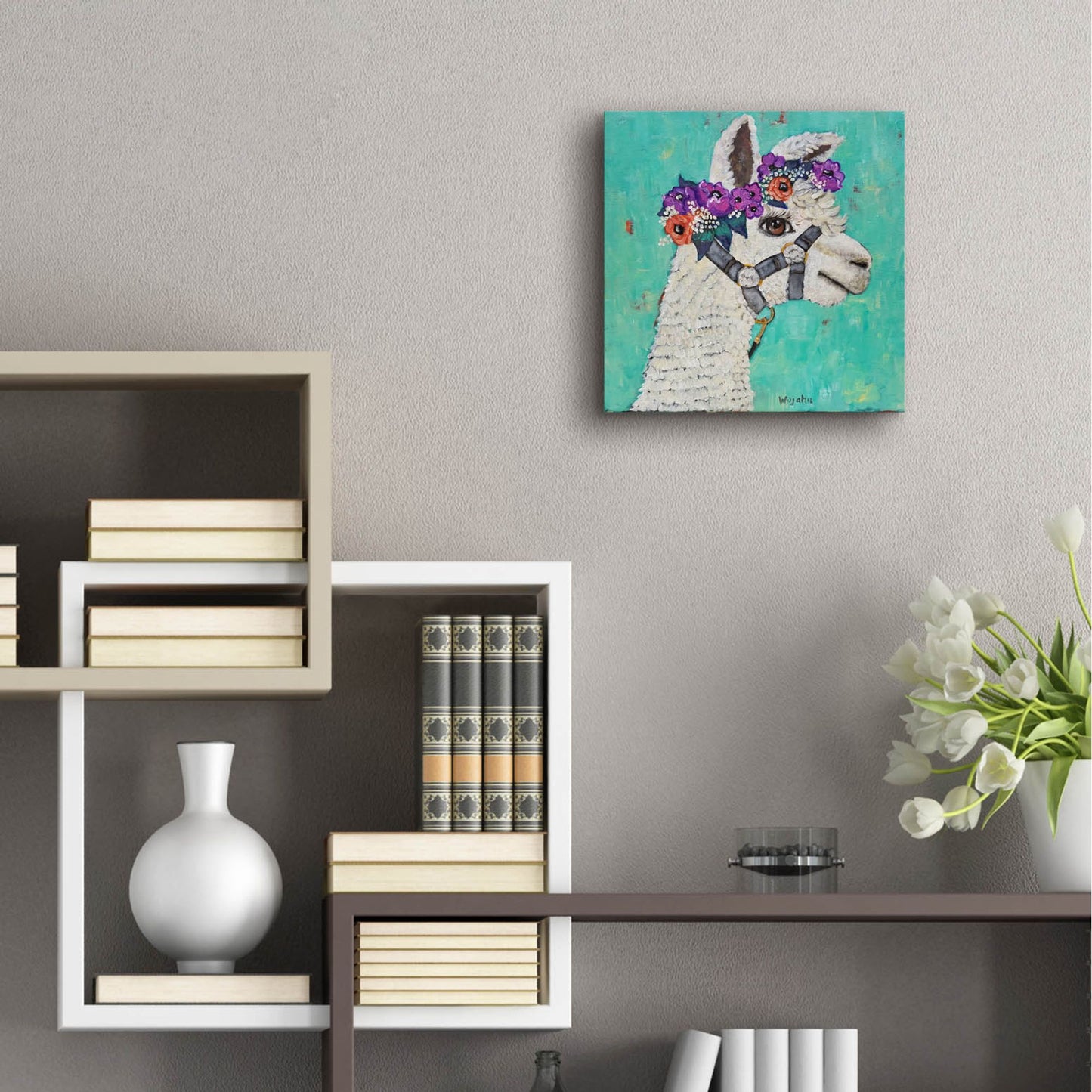 Epic Art 'Flower Headed Llama' by Holly Wojhan, Acrylic Glass Wall Art,12x12