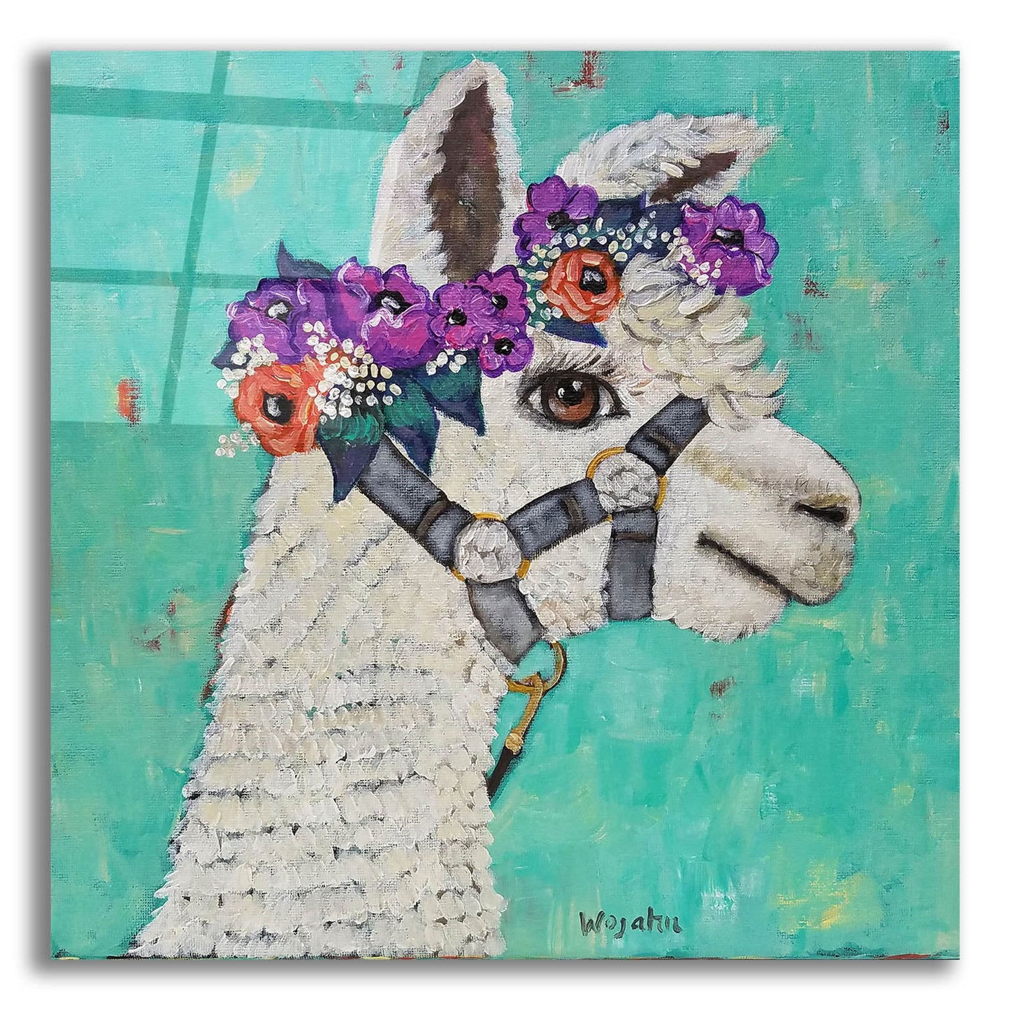 Epic Art 'Flower Headed Llama' by Holly Wojhan, Acrylic Glass Wall Art,12x12