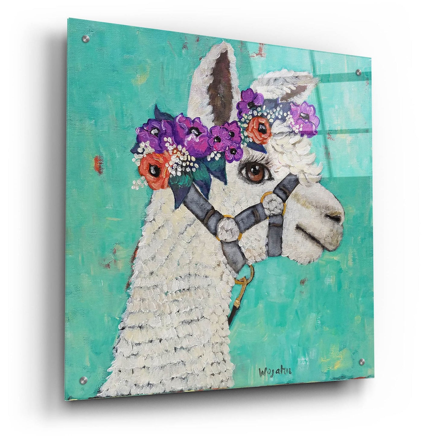 Epic Art 'Flower Headed Llama' by Holly Wojhan, Acrylic Glass Wall Art,24x24