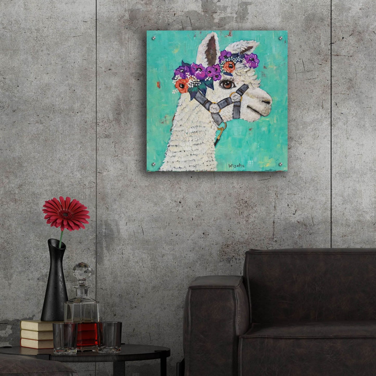 Epic Art 'Flower Headed Llama' by Holly Wojhan, Acrylic Glass Wall Art,24x24