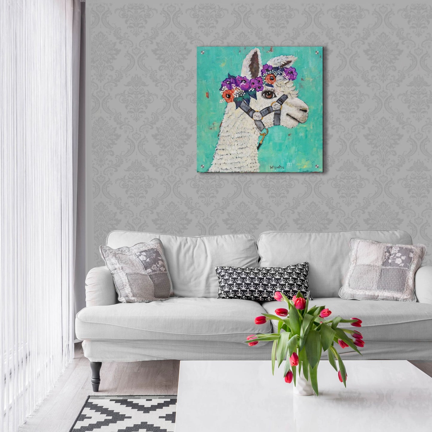 Epic Art 'Flower Headed Llama' by Holly Wojhan, Acrylic Glass Wall Art,24x24