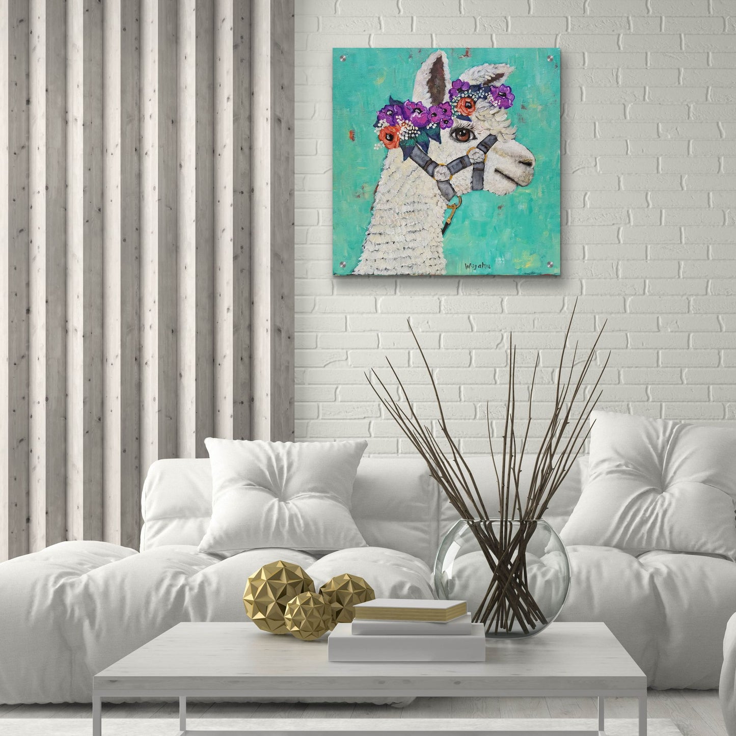 Epic Art 'Flower Headed Llama' by Holly Wojhan, Acrylic Glass Wall Art,24x24