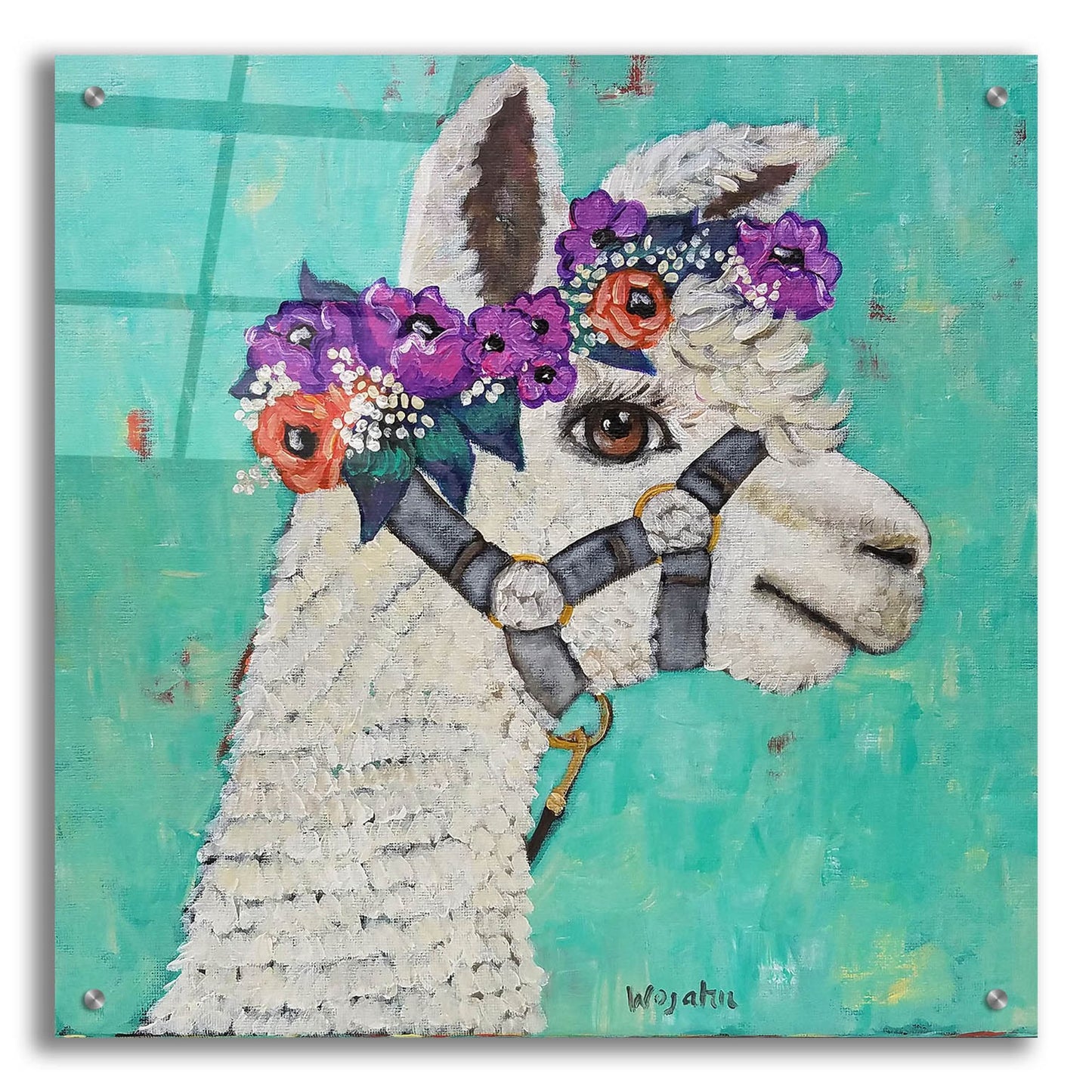 Epic Art 'Flower Headed Llama' by Holly Wojhan, Acrylic Glass Wall Art,24x24