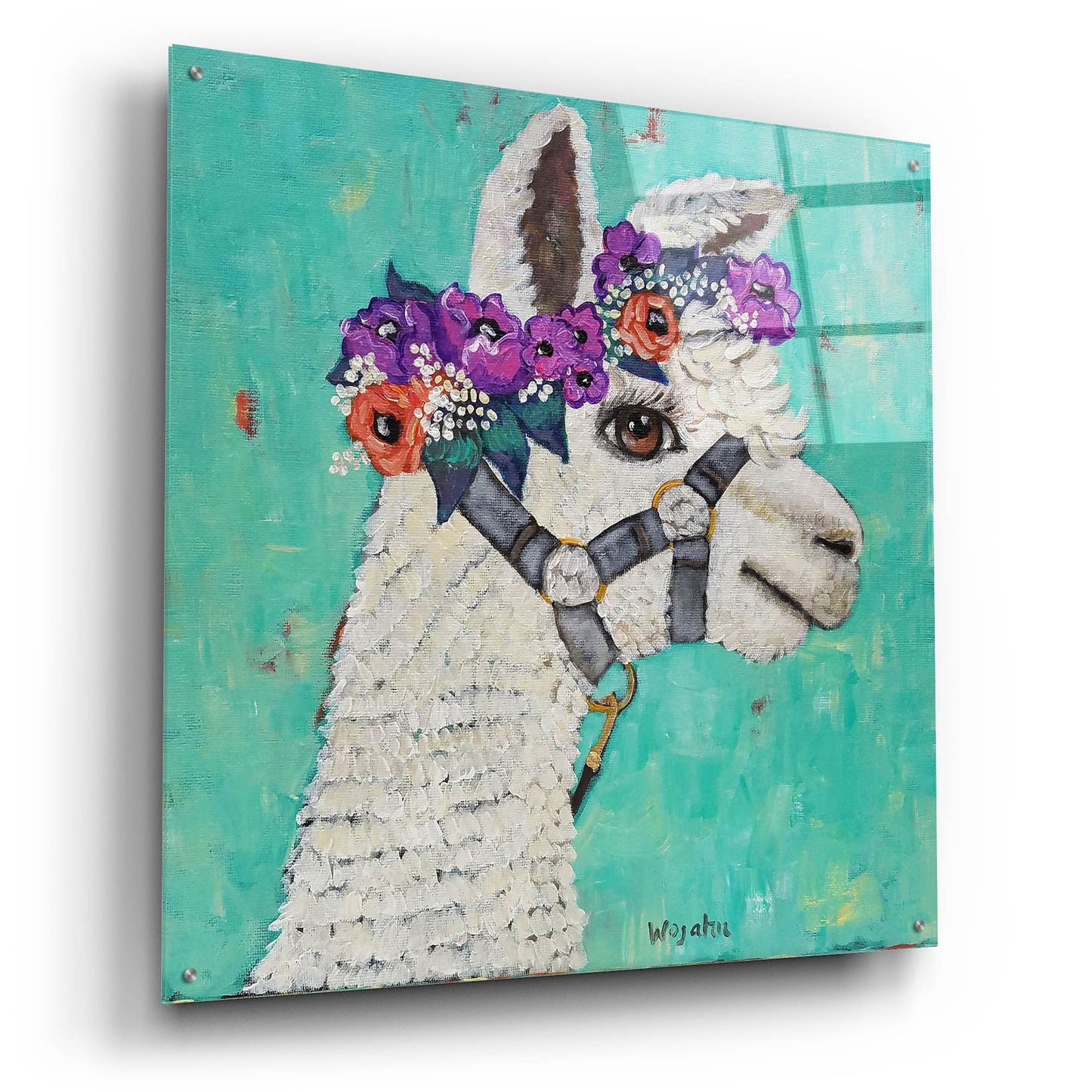 Epic Art 'Flower Headed Llama' by Holly Wojhan, Acrylic Glass Wall Art,36x36