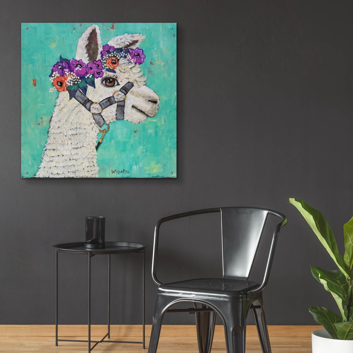 Epic Art 'Flower Headed Llama' by Holly Wojhan, Acrylic Glass Wall Art,36x36