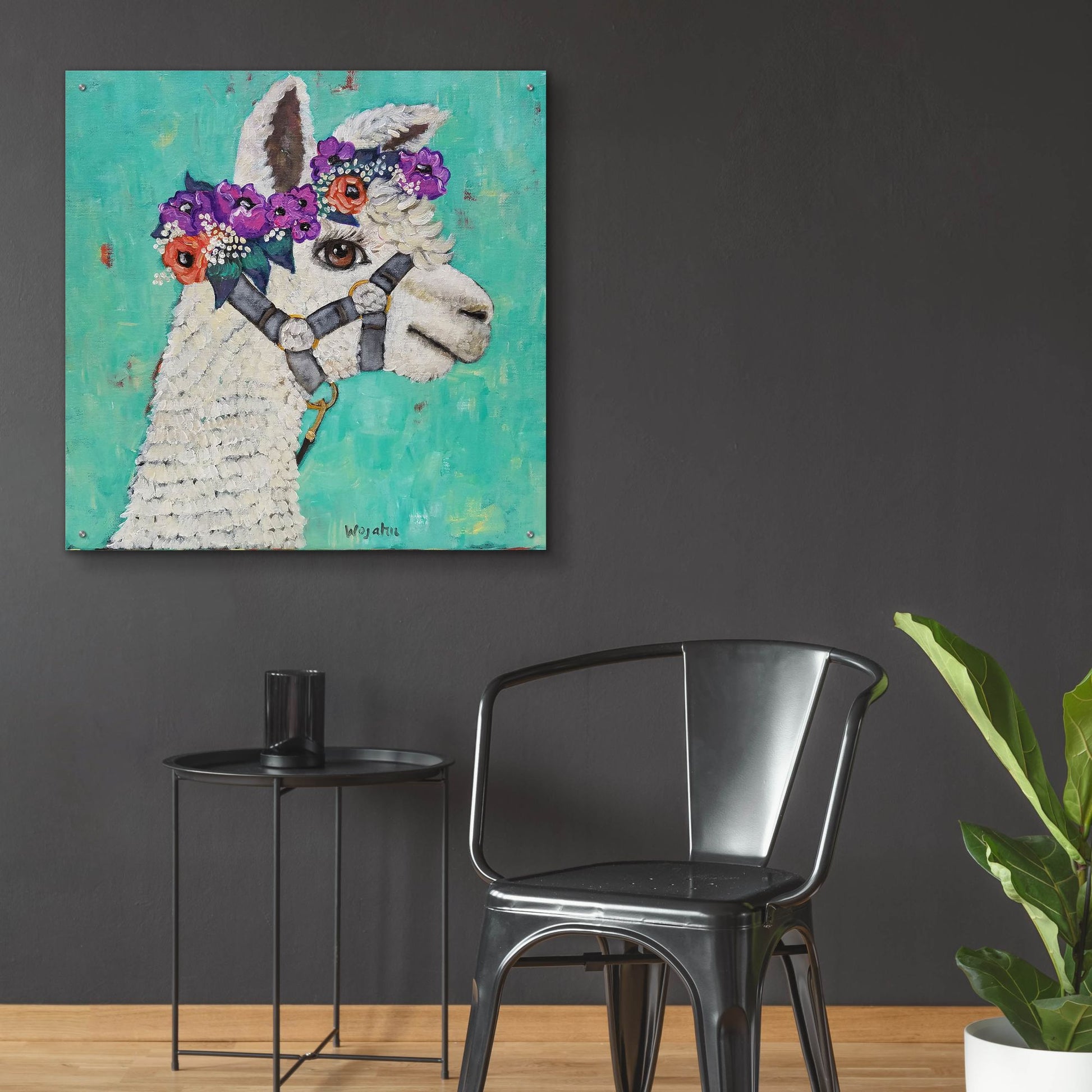 Epic Art 'Flower Headed Llama' by Holly Wojhan, Acrylic Glass Wall Art,36x36