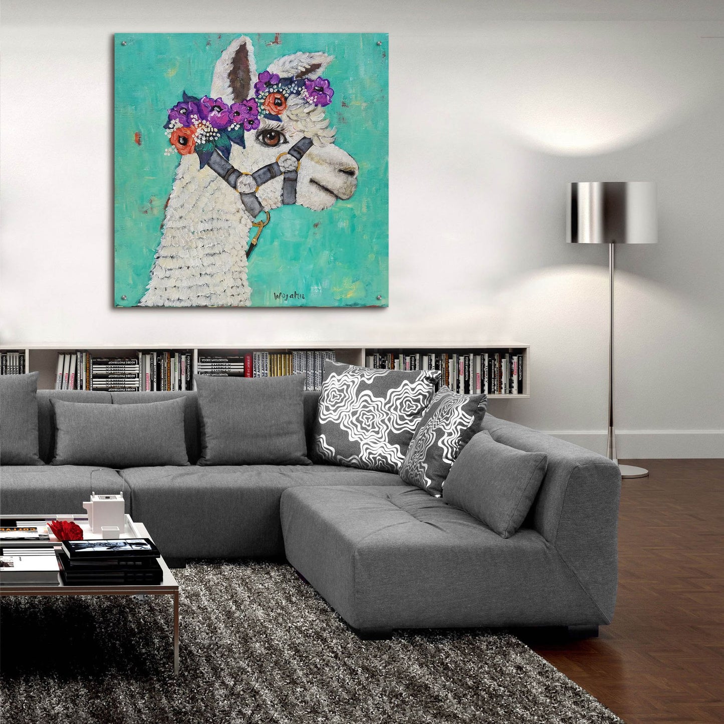 Epic Art 'Flower Headed Llama' by Holly Wojhan, Acrylic Glass Wall Art,36x36