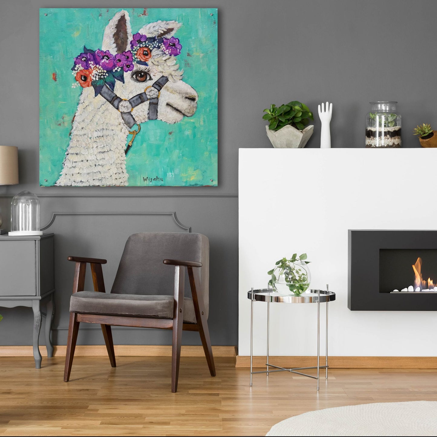 Epic Art 'Flower Headed Llama' by Holly Wojhan, Acrylic Glass Wall Art,36x36