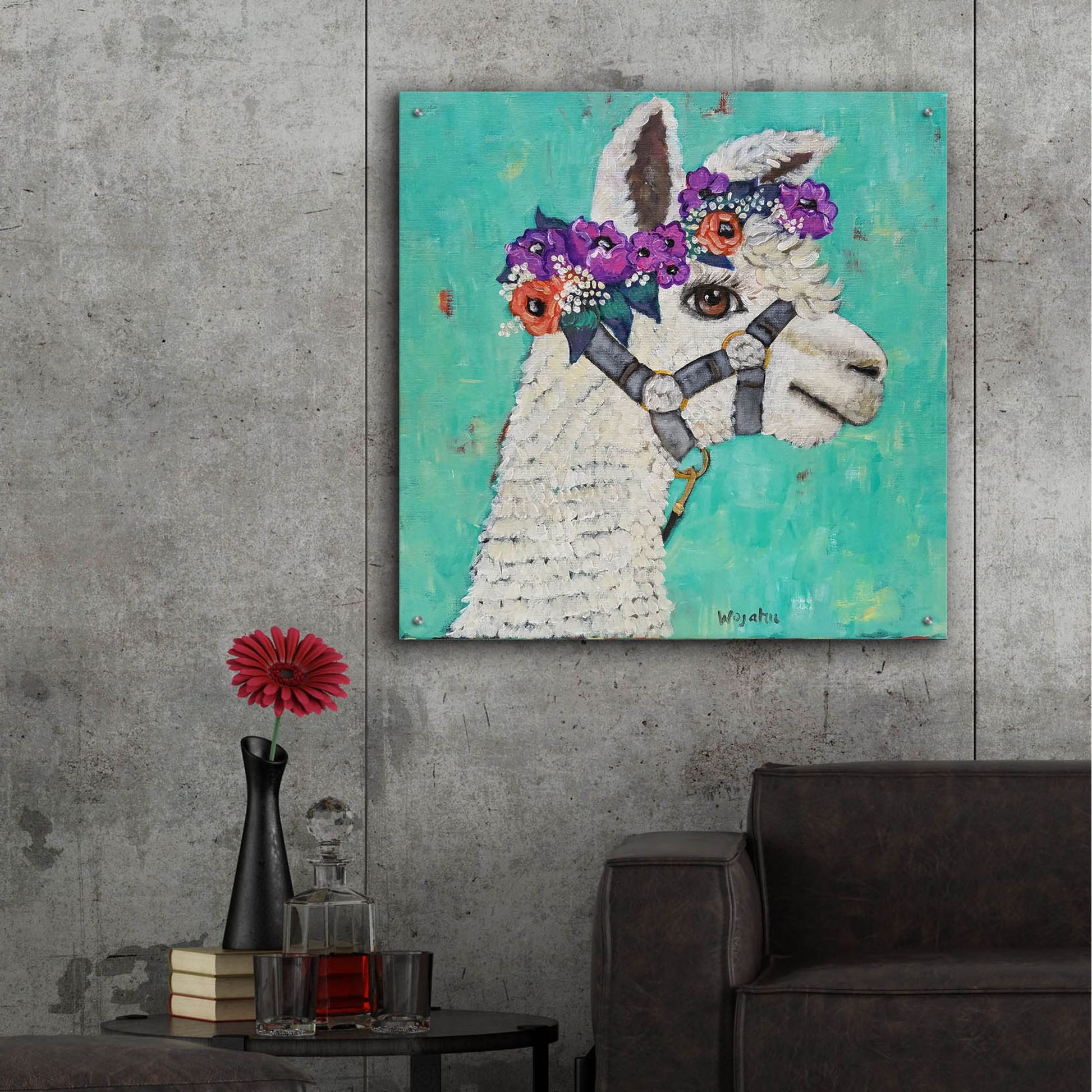 Epic Art 'Flower Headed Llama' by Holly Wojhan, Acrylic Glass Wall Art,36x36