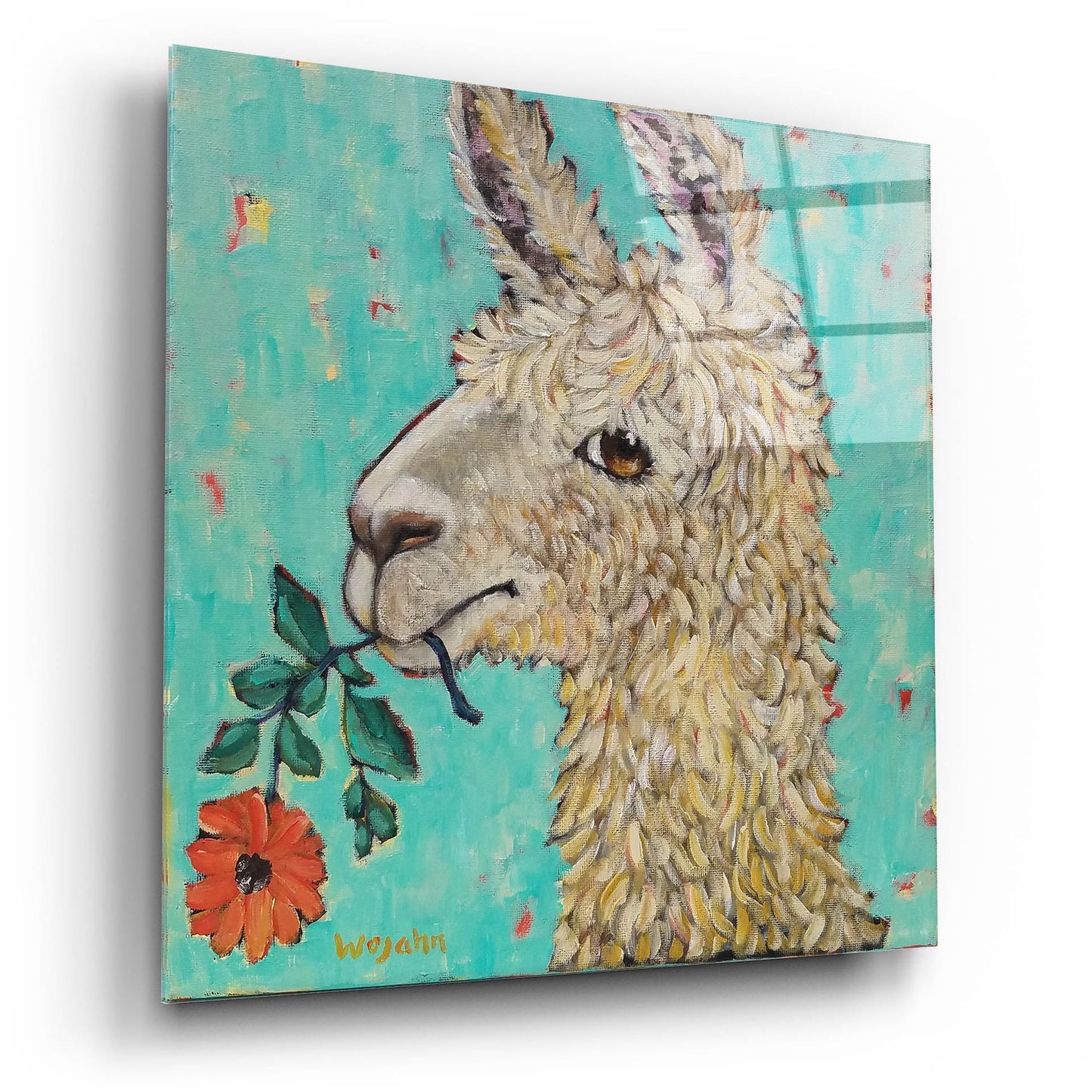 Epic Art 'Flower Eating Llama' by Holly Wojhan, Acrylic Glass Wall Art,12x12