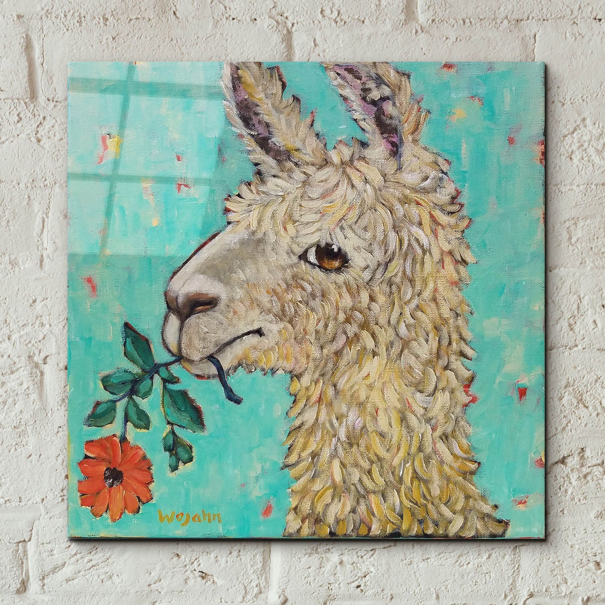 Epic Art 'Flower Eating Llama' by Holly Wojhan, Acrylic Glass Wall Art,12x12