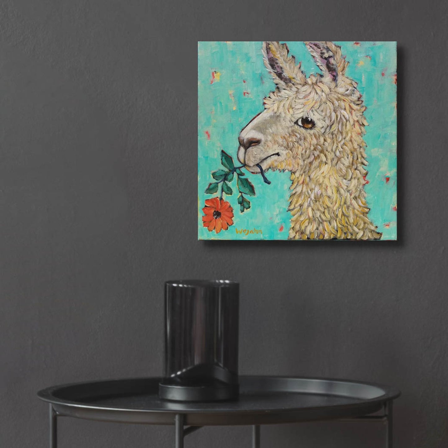 Epic Art 'Flower Eating Llama' by Holly Wojhan, Acrylic Glass Wall Art,12x12