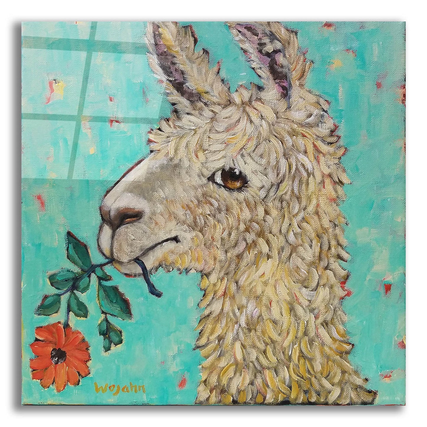 Epic Art 'Flower Eating Llama' by Holly Wojhan, Acrylic Glass Wall Art,12x12