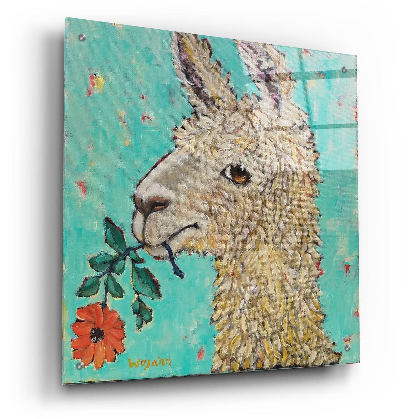 Epic Art 'Flower Eating Llama' by Holly Wojhan, Acrylic Glass Wall Art,24x24