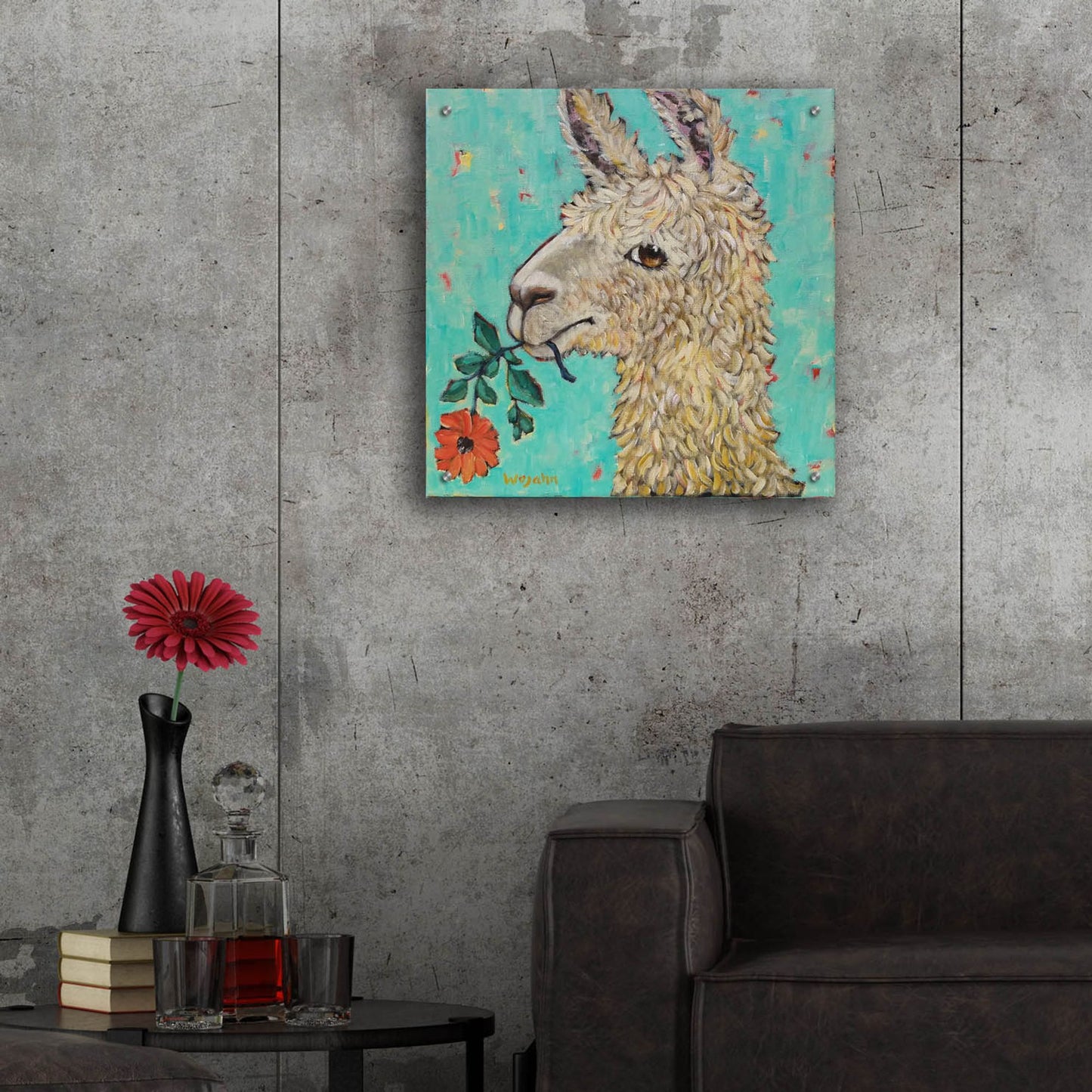 Epic Art 'Flower Eating Llama' by Holly Wojhan, Acrylic Glass Wall Art,24x24