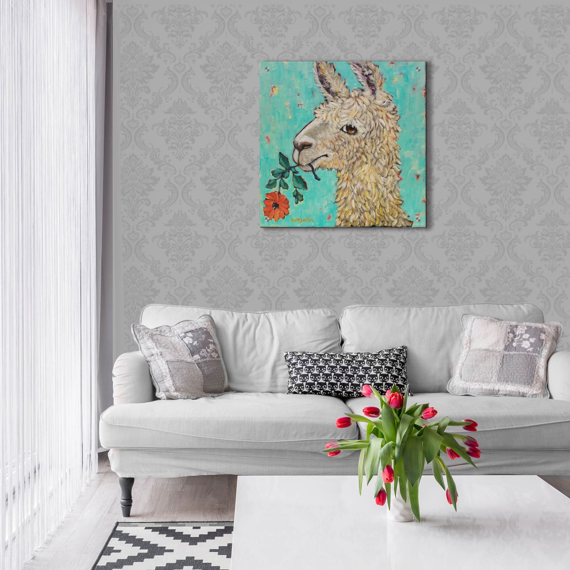 Epic Art 'Flower Eating Llama' by Holly Wojhan, Acrylic Glass Wall Art,24x24