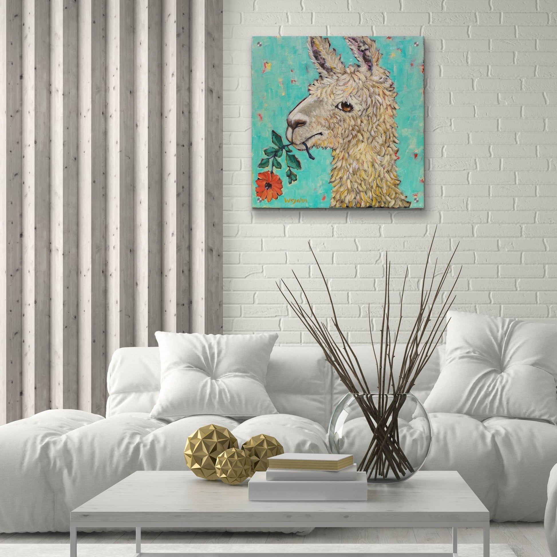 Epic Art 'Flower Eating Llama' by Holly Wojhan, Acrylic Glass Wall Art,24x24