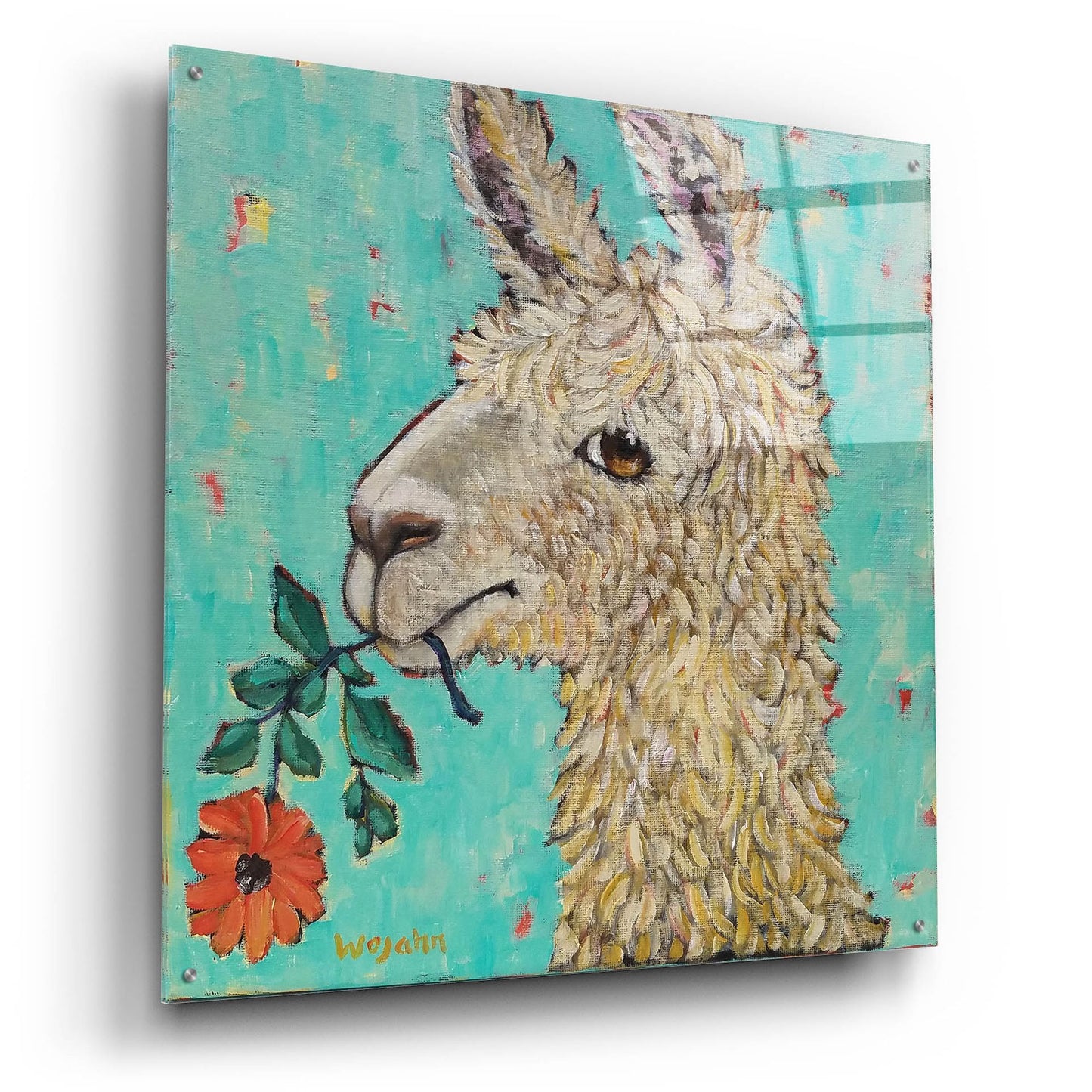 Epic Art 'Flower Eating Llama' by Holly Wojhan, Acrylic Glass Wall Art,36x36