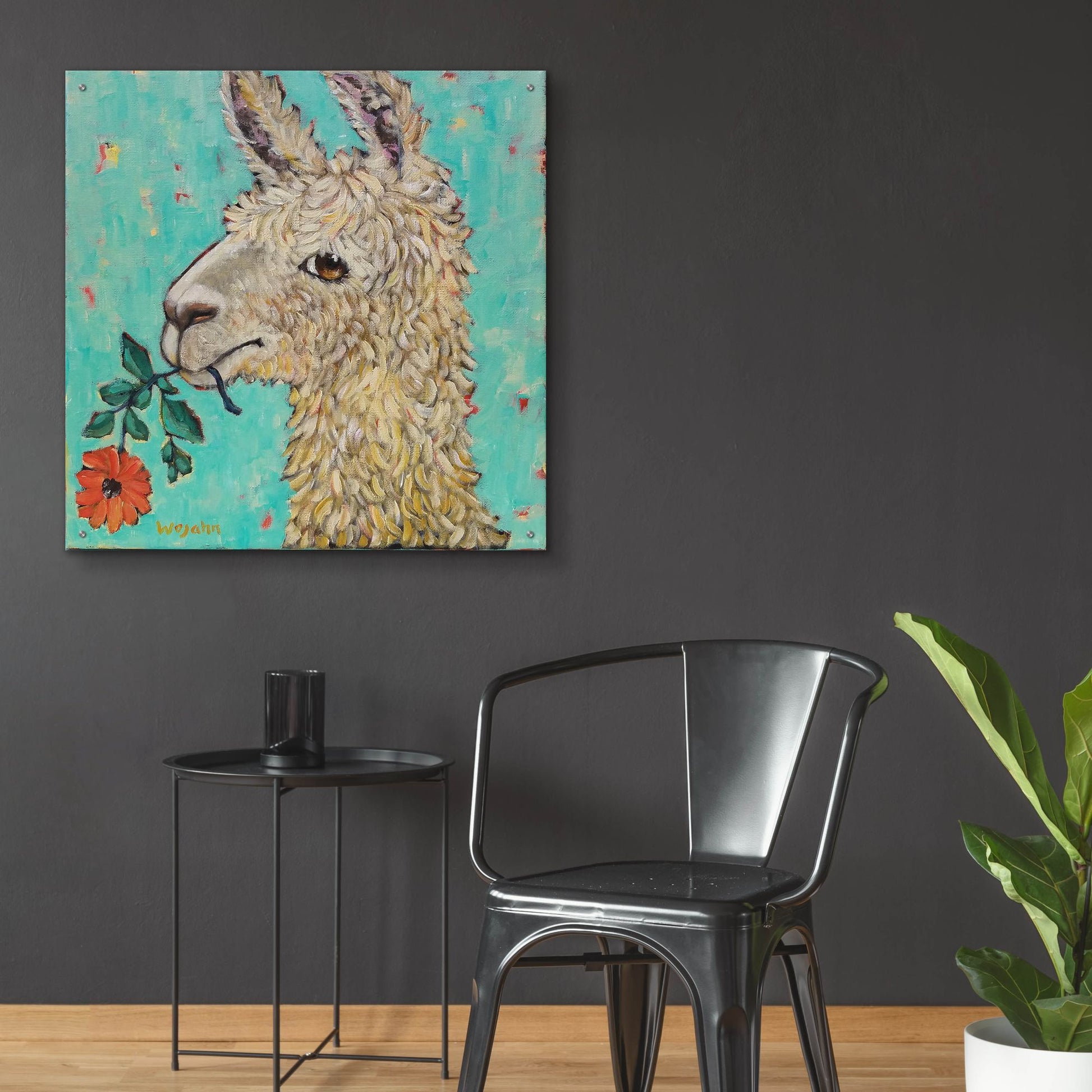 Epic Art 'Flower Eating Llama' by Holly Wojhan, Acrylic Glass Wall Art,36x36