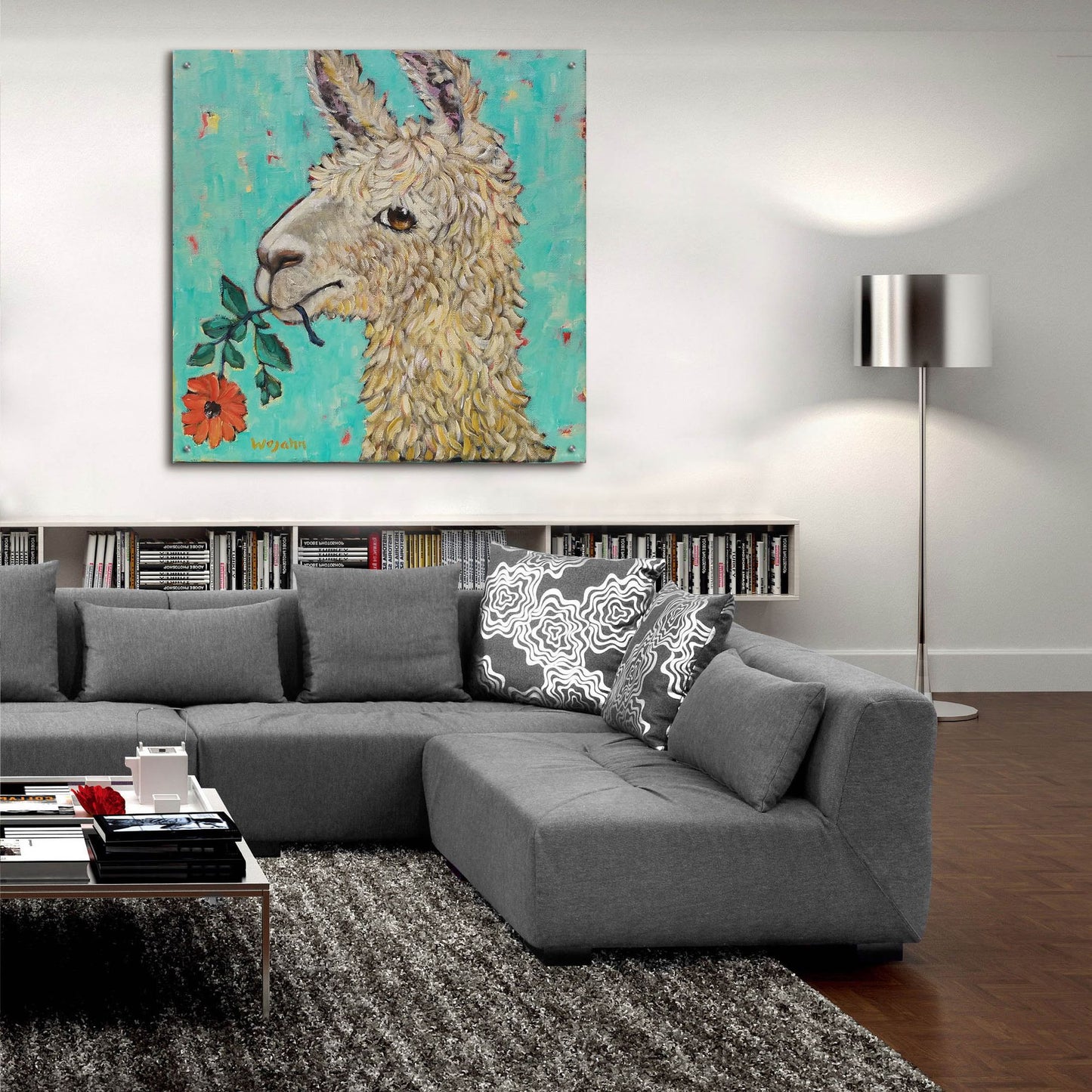 Epic Art 'Flower Eating Llama' by Holly Wojhan, Acrylic Glass Wall Art,36x36