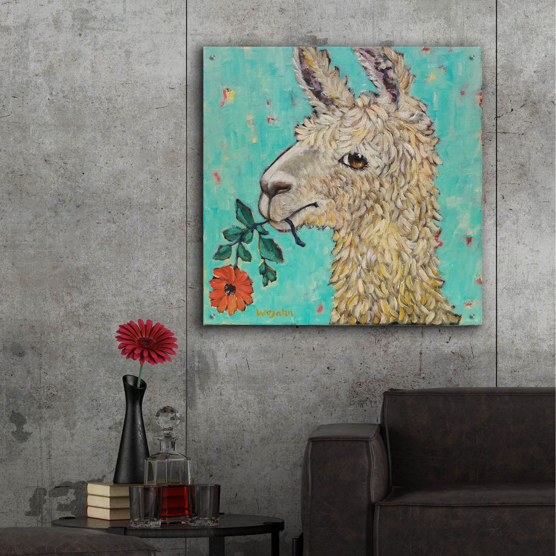 Epic Art 'Flower Eating Llama' by Holly Wojhan, Acrylic Glass Wall Art,36x36