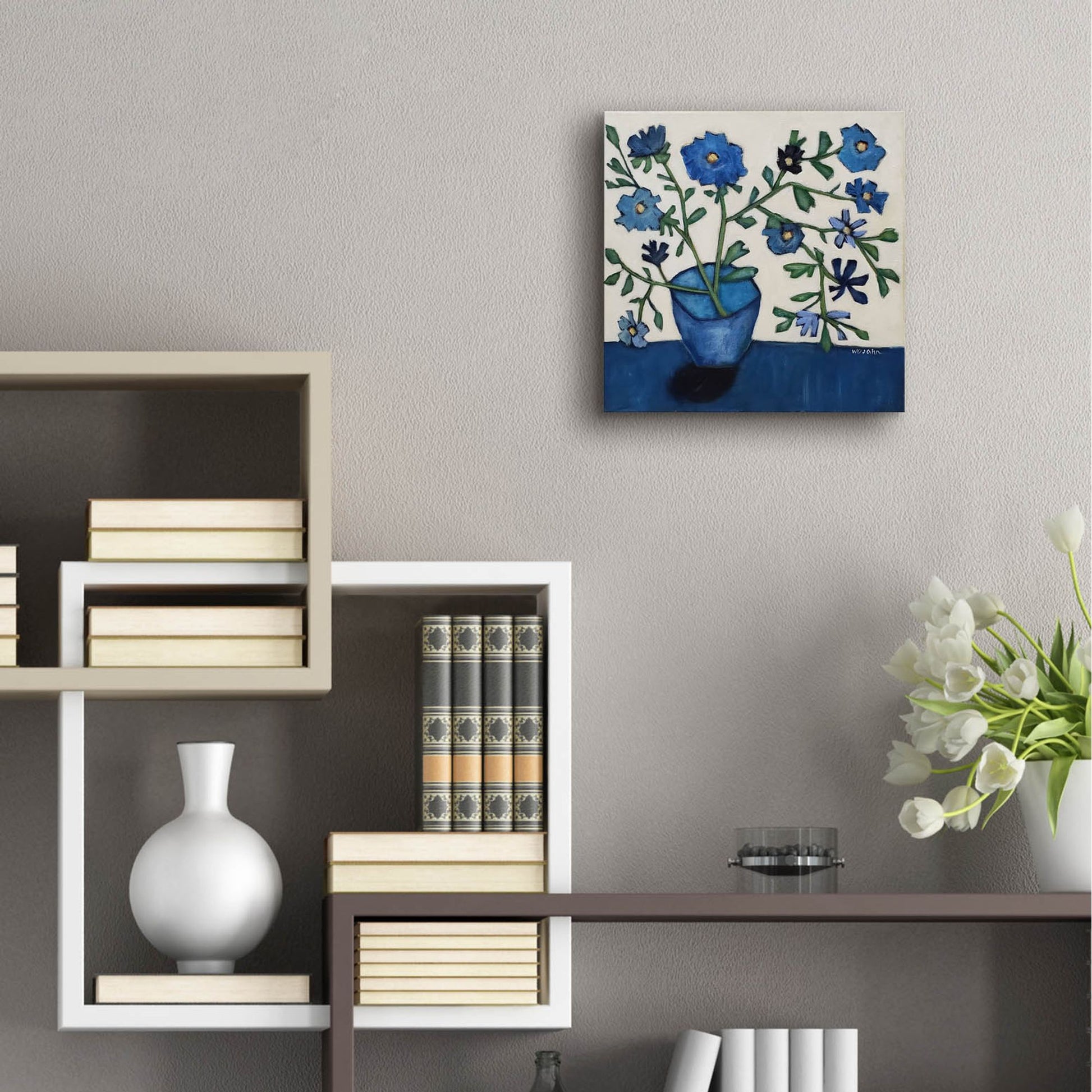 Epic Art 'Vase of Blue Flowers' by Holly Wojhan, Acrylic Glass Wall Art,12x12