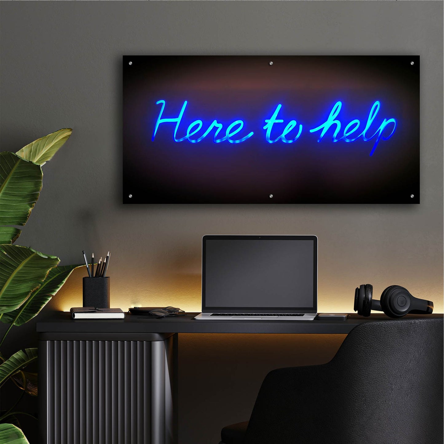 Epic Art 'Here To Help In Neon Blue' by Epic Portfolio, Acrylic Glass Wall Art,48x24