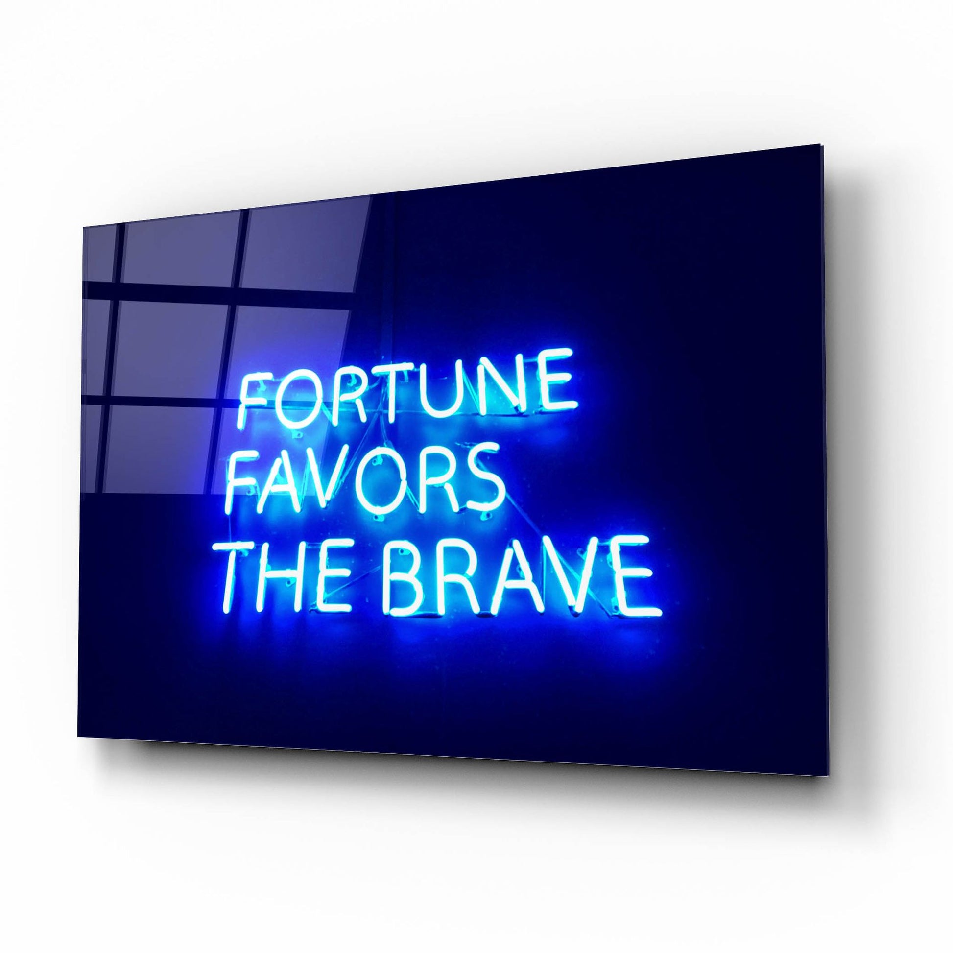 Epic Art 'Fortune-Favors The Brave In Neon Blue' by Epic Portfolio, Acrylic Glass Wall Art,16x12