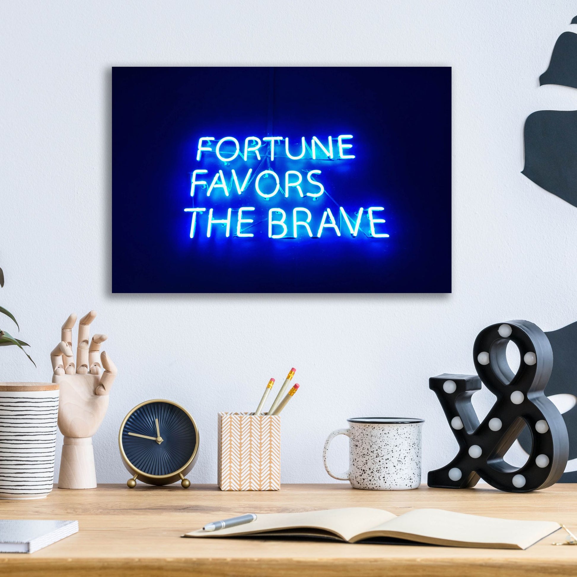 Epic Art 'Fortune-Favors The Brave In Neon Blue' by Epic Portfolio, Acrylic Glass Wall Art,16x12