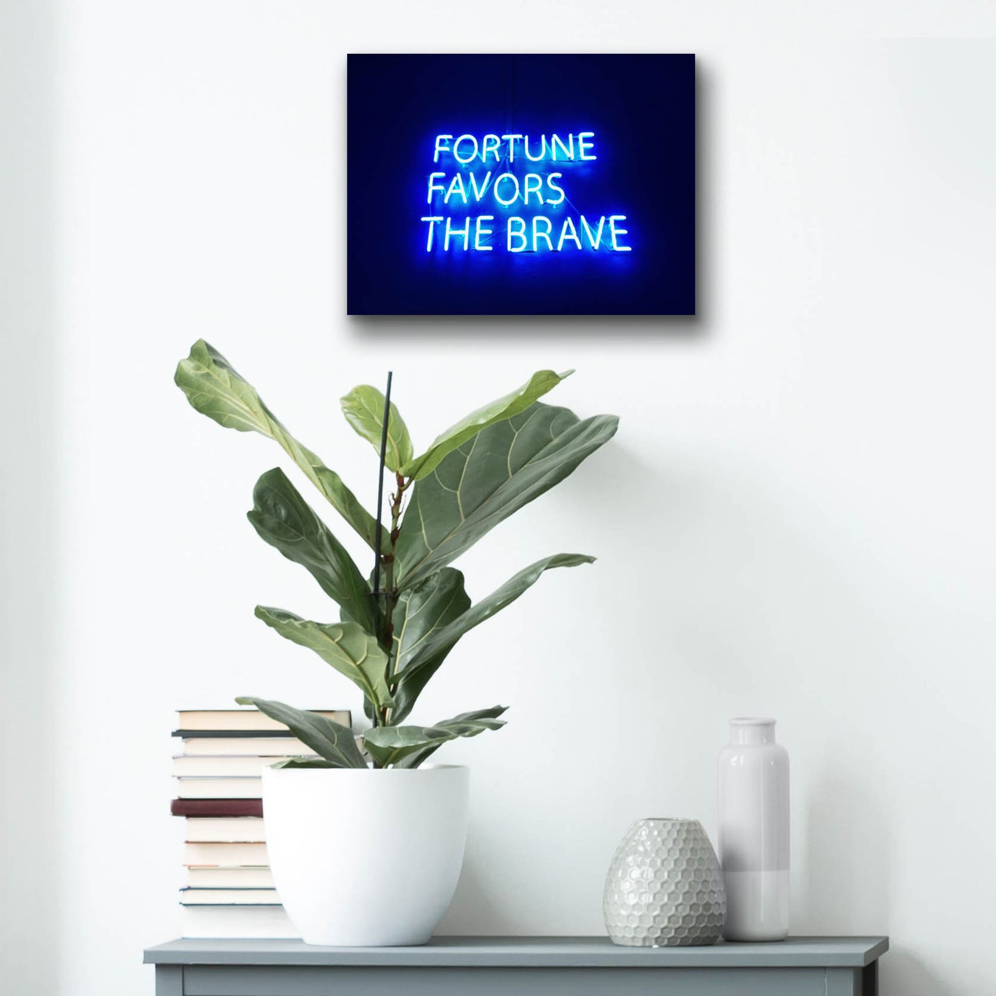 Epic Art 'Fortune-Favors The Brave In Neon Blue' by Epic Portfolio, Acrylic Glass Wall Art,16x12