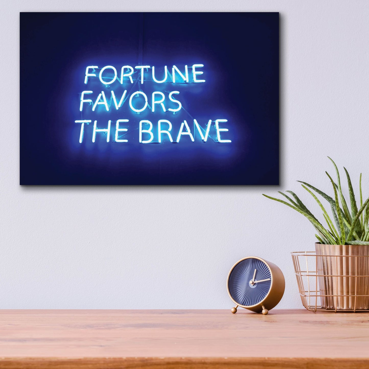 Epic Art 'Fortune-Favors The Brave In Neon Blue' by Epic Portfolio, Acrylic Glass Wall Art,16x12